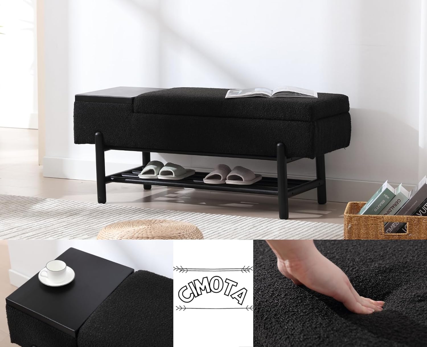 CIMOTA Banco de almacenamiento de entrada para dormitorio, banco otomano tapizado de sherpa con almacenamiento de zapatos de madera, mesa de centro