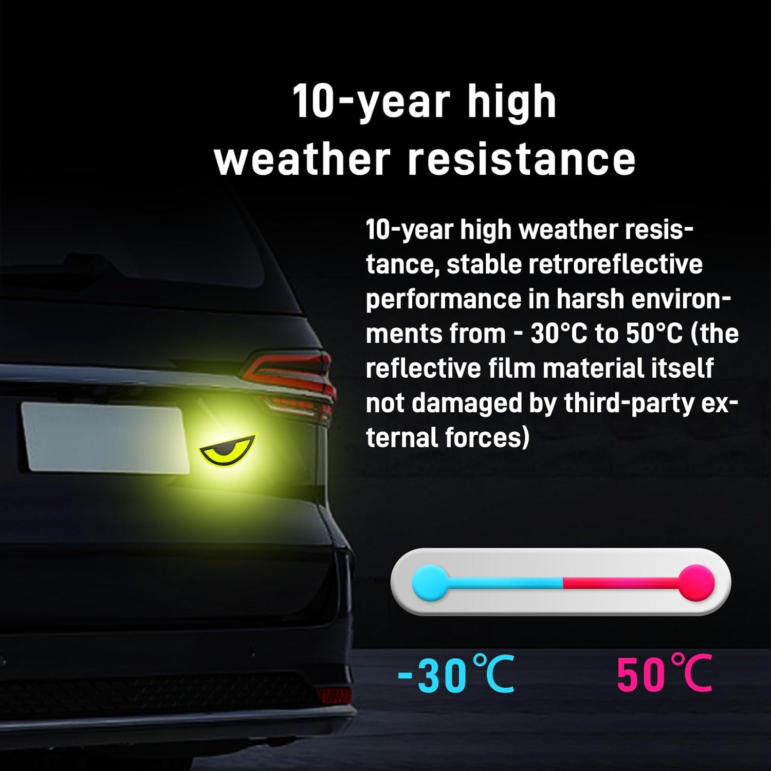 Thcbme Paquete de 2 calcomanías reflectantes para automóvil, diseño de ojo amarillo nocturno, seguridad nocturna, calcomanías de precaución para