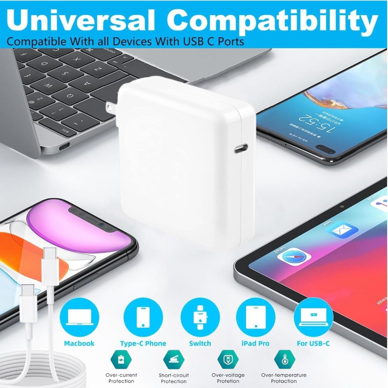 Cargador Mac Book Pro, cargador USB C de 96 W, cargador rápido compatible con USB C MacBook Pro, MacBook Air, iPad Pro, nuevo teléfono inteligente y