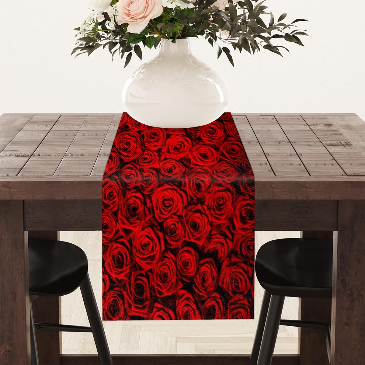 Camino de mesa con rosas de San Valentín, mantel de lino rústico para cocina de granja, cena, eventos, fiesta, decoración de mesa de vacaciones, 13