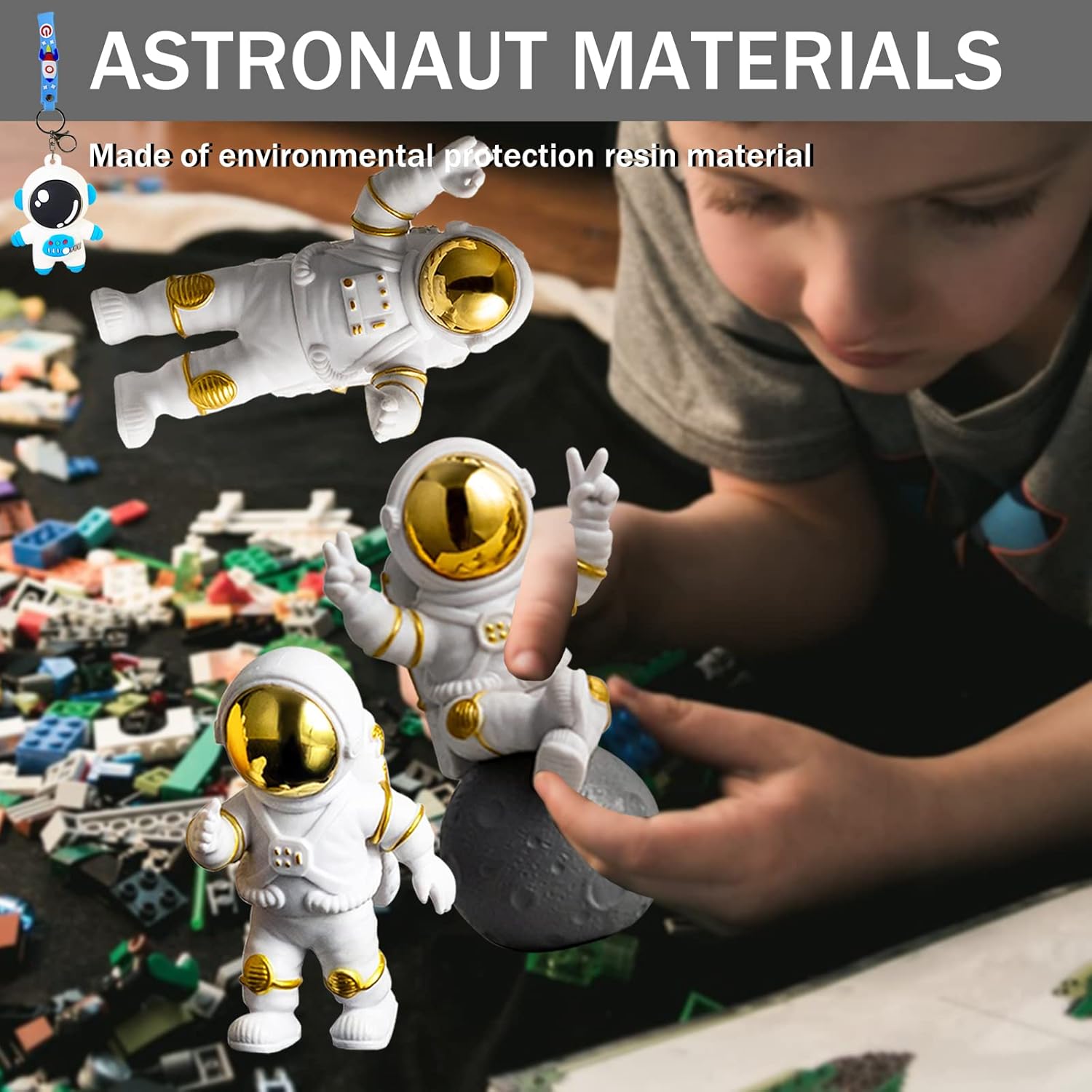 WINUSD Juego de 4 adornos dorados de estatua de astronauta de poliresina, decoración de 3 piezas de espejo y 1 llavero para habitación, automóvil,
