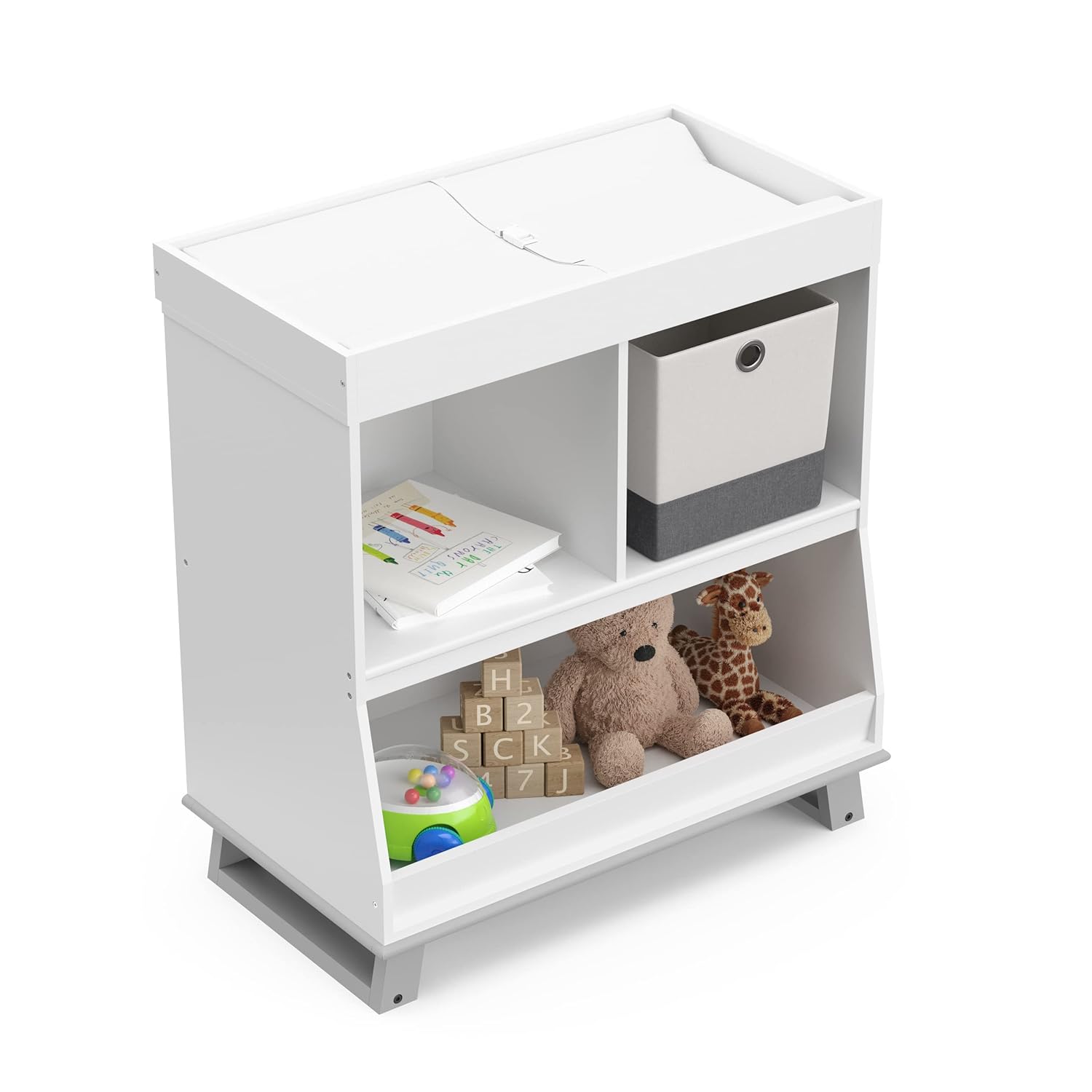 Storkcraft – Moderna mesa cambiadora con almacenamiento (blanco con gris guijarro)  Certificado GREENGUARD Gold, cambiador extraíble, se adapta a