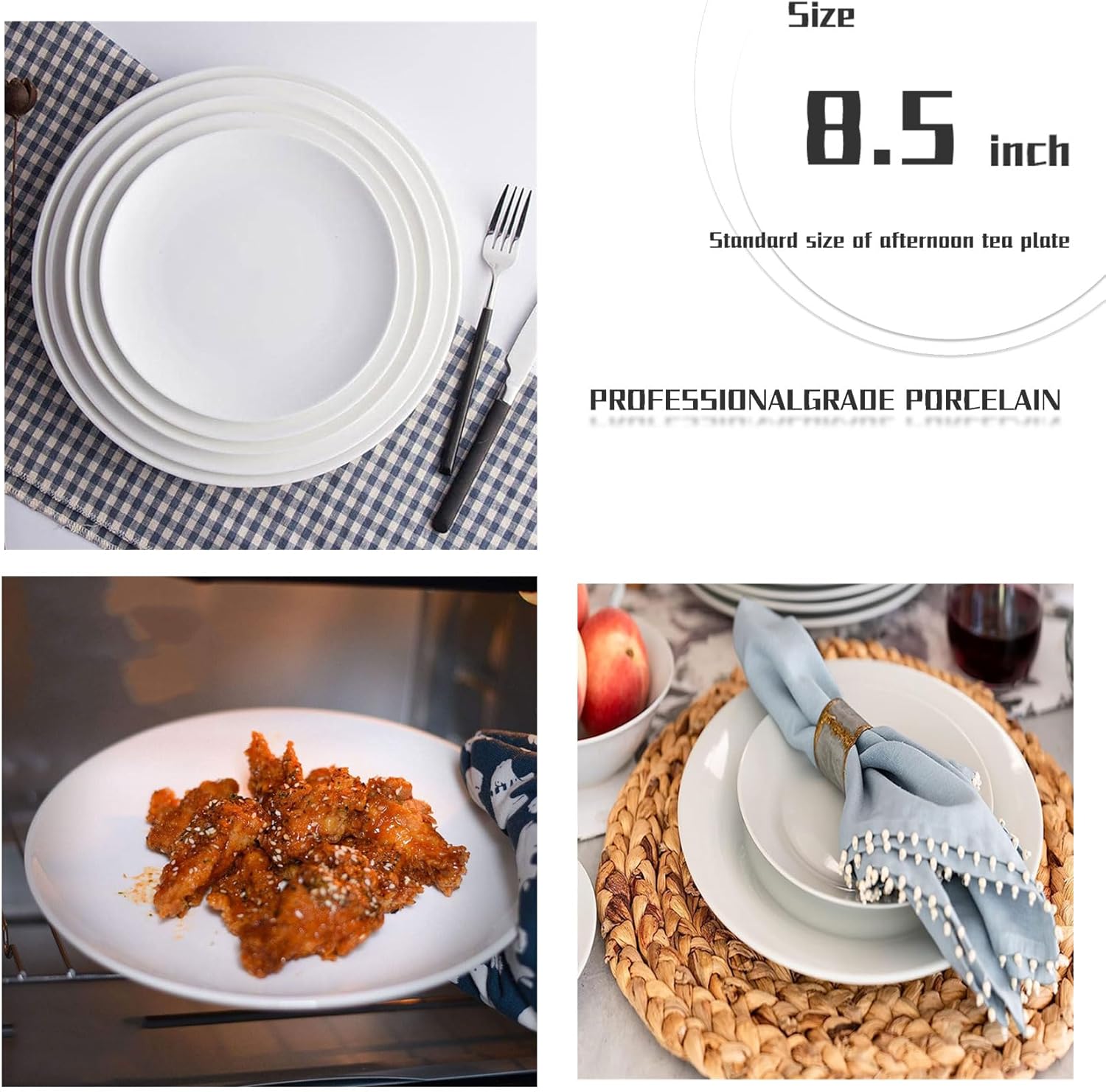 Tienda – Juego de platos llanos blancos de 8 piezas, triple capa resistente al vidrio y al astillado, platos redondos ligeros, plato de postre,