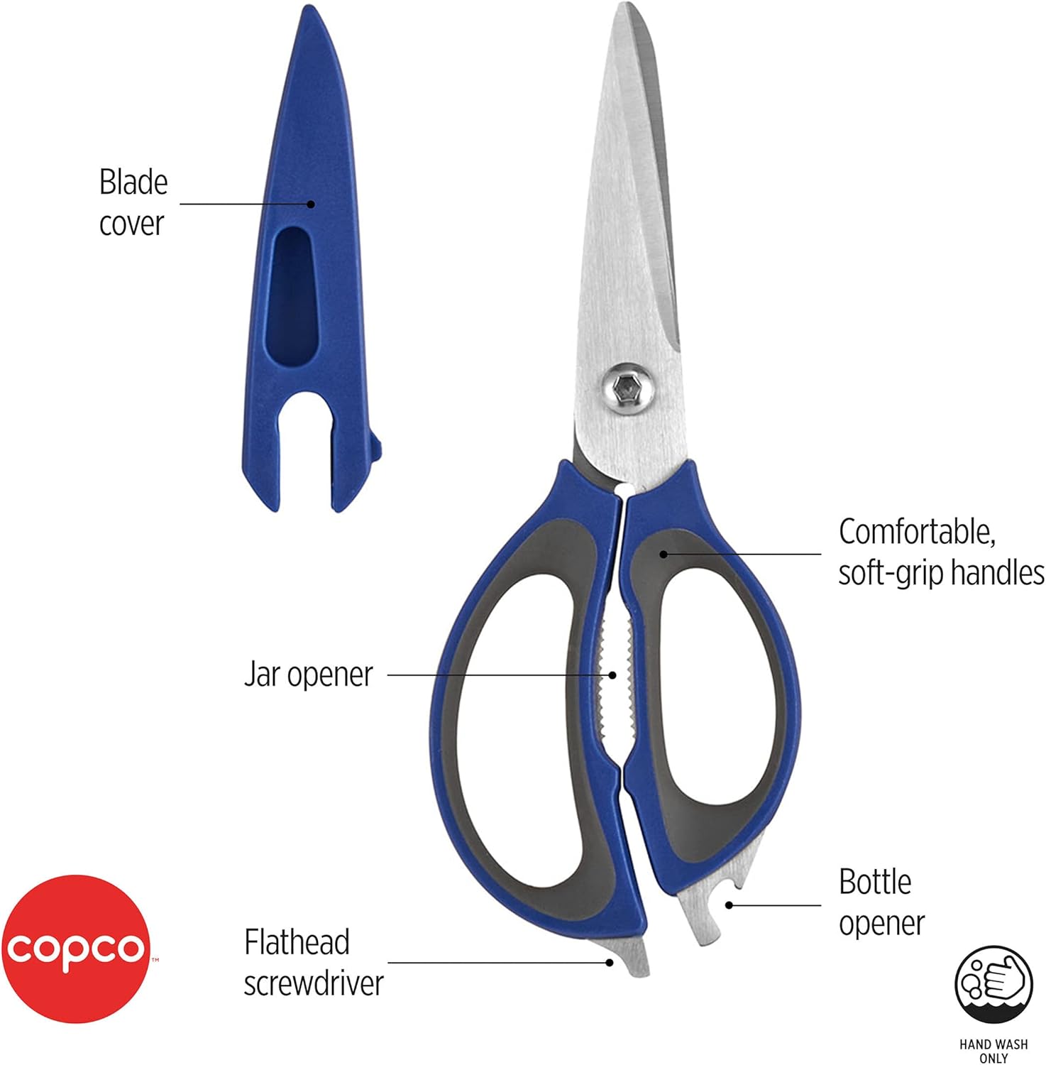 Copco Tijeras de cocina 4 en 1 de acero inoxidable de agarre suave con cubierta de cuchilla, 10.83 pulgadas, azul rey y gris