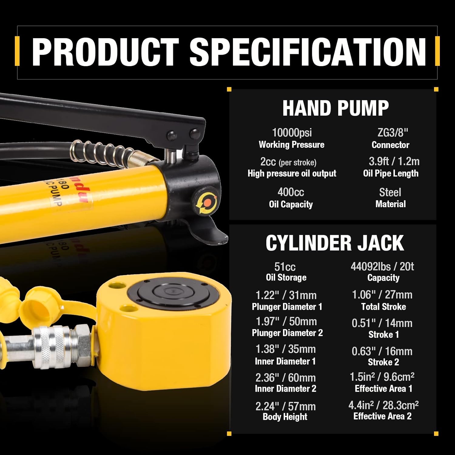 LCyindu Kit de gato de cilindro hidráulico Stoke de múltiples secciones 20T RMC-201L carrera de 1.06 pulgadas + CP-180 400cc bomba manual hidráulica
