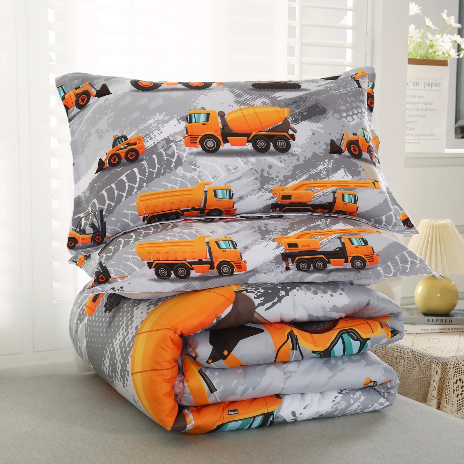 Juego de edredón de construcción para niños con diseño de camión excavadora, ropa de cama de construcción tamaño queen, edredón de camión de dibujos
