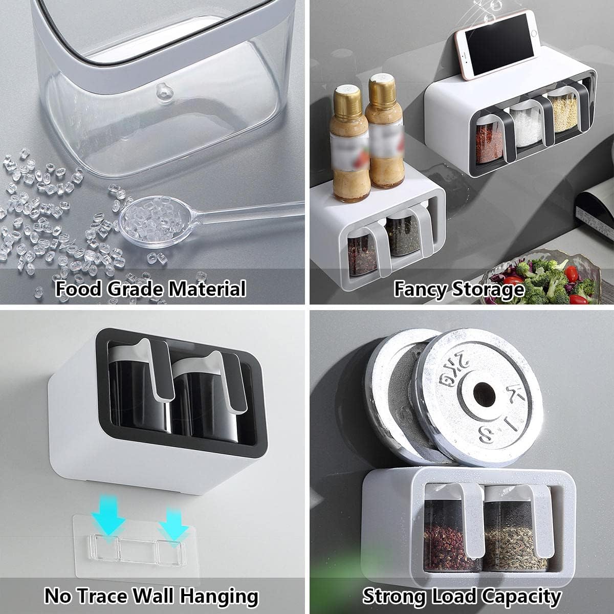 Contenedores de condimentos montados en la pared, caja de condimentos autoadhesiva, frascos de condimentos con cuchara, organizador de