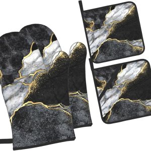 Juego de 4 manoplas de horno y soportes para ollas, guantes de cocina de mármol negro y dorado, resistentes al calor, antideslizantes, para chef, Juego de 4 manoplas de horno y soportes para ollas, guantes de cocina de mármol negro y dorado, resistentes al calor, antideslizantes, para chef,