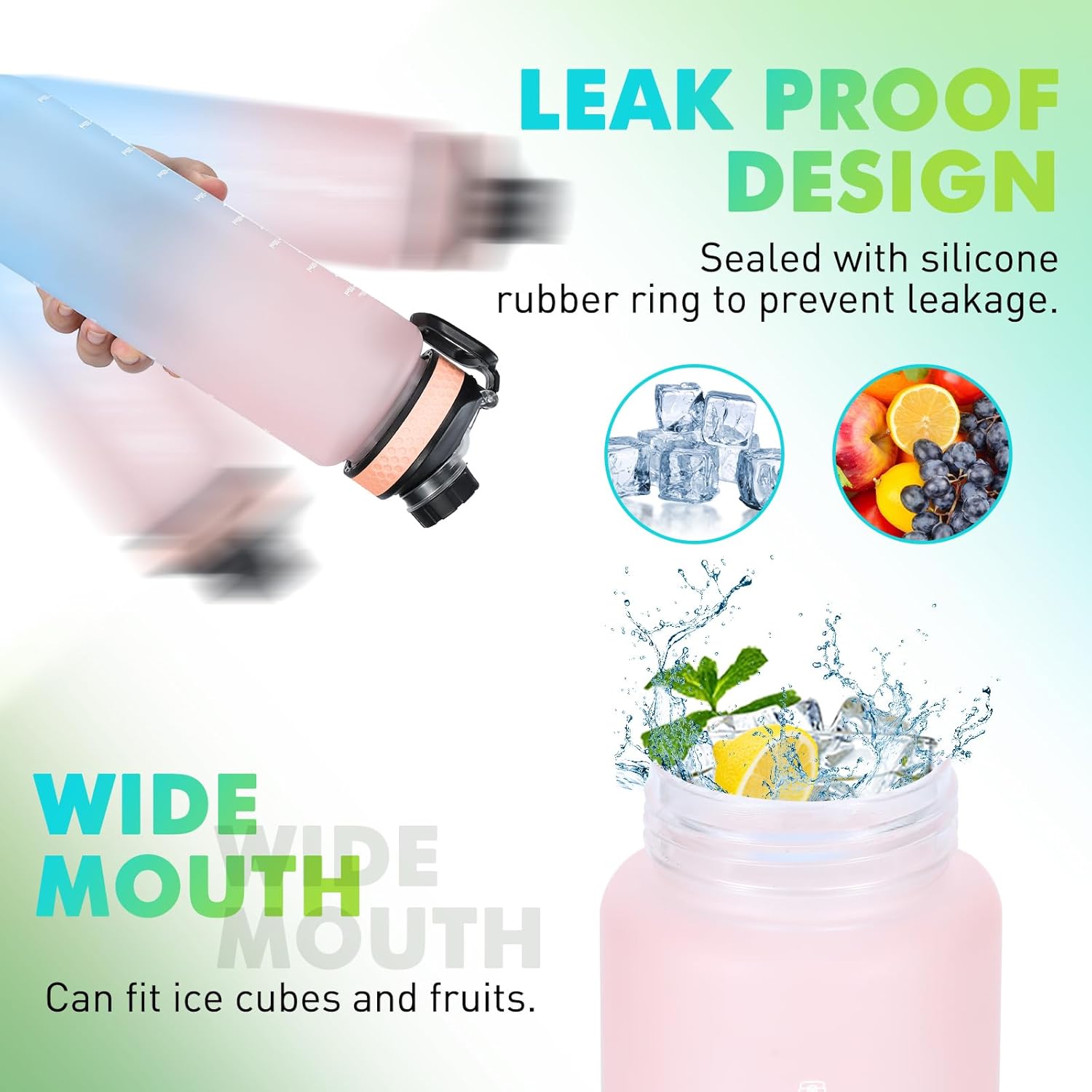 Botella de agua de 34 onzas, botella de bebida motivacional con marcador de tiempo, botella de bebida a prueba de fugas, sin BPA, no tóxica para