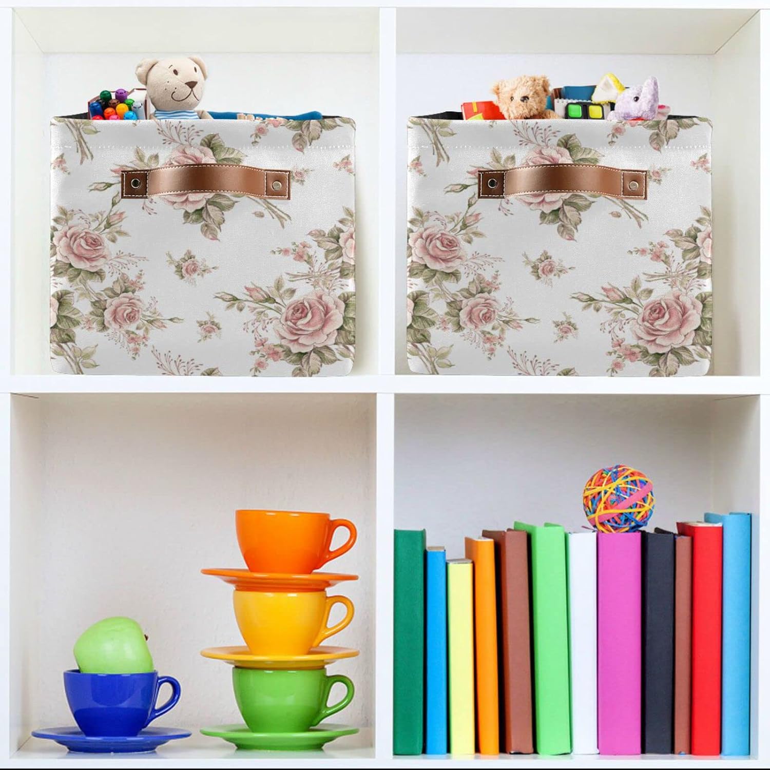 ALAZA Caja de almacenamiento plegable con hojas de rosas rosadas, canastas organizadoras con asas para estantes, armario, sala de estar, dormitorio,