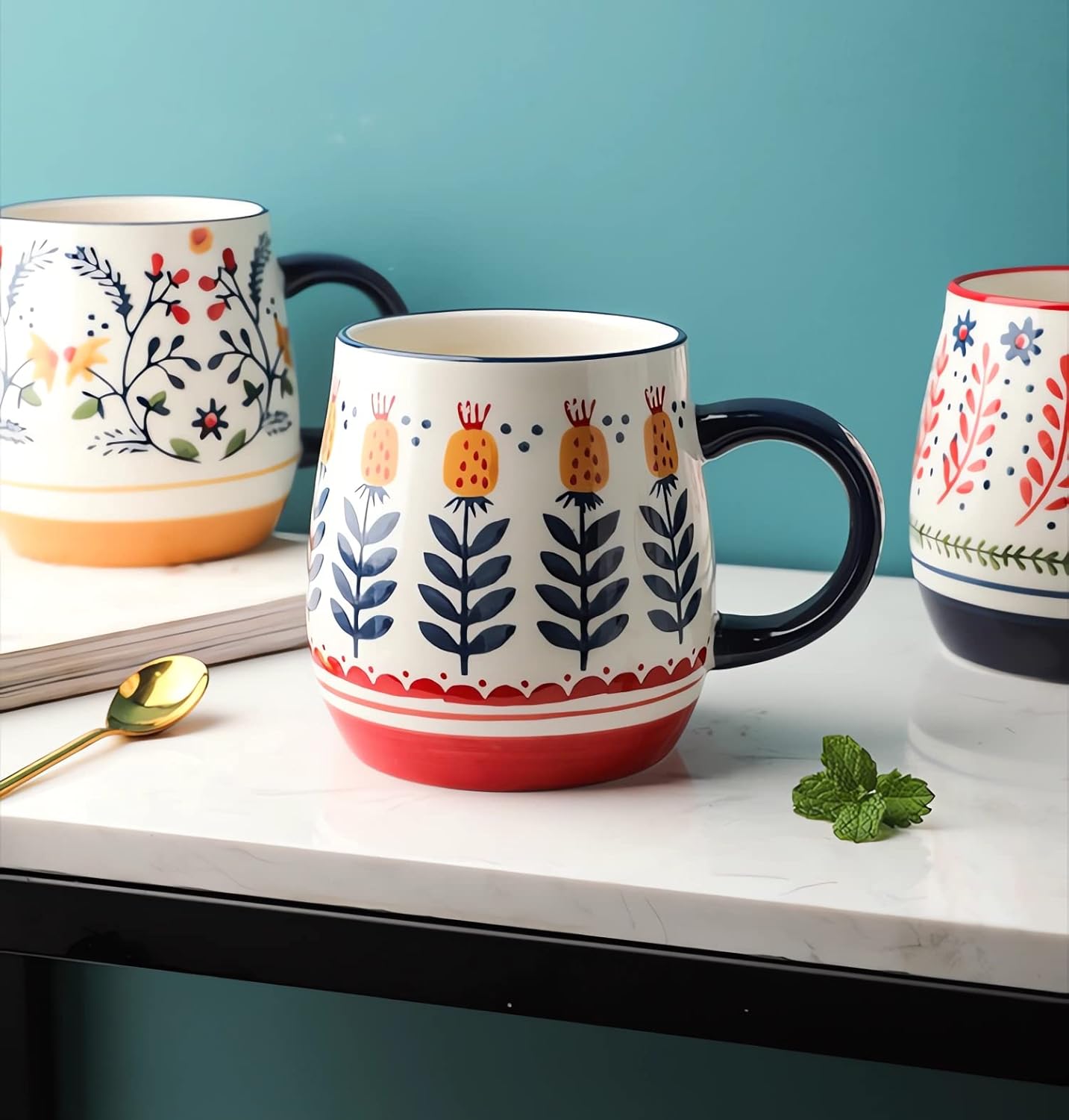 Juego de 2 tazas de café de cerámica de 16 onzas, diseño de flores, taza de café de cerámica para té con leche, capuchino, el mejor regalo de