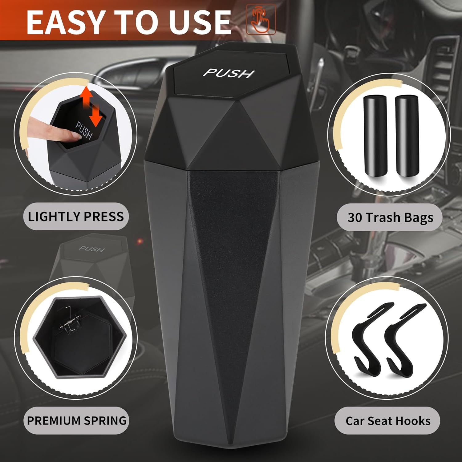 Teen Dream Basurero para automóvil con tapa, a prueba de fugas, con ganchos para asiento de automóvil y bolsas de basura, organizadores multiusos