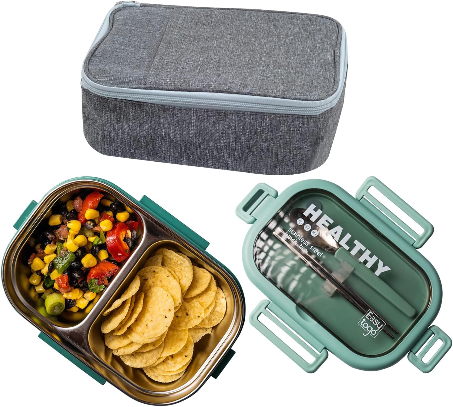 Lonchera Bento de 2 compartimentos con bolsa de almuerzo y juego de cubiertos, 28 onzas a prueba de fugas, reutilizable, contenedor de control de