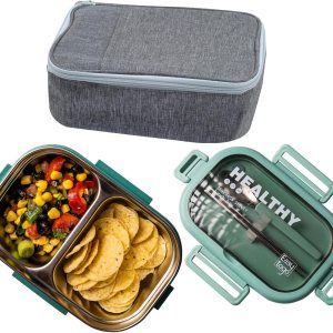 Lonchera Bento de 2 compartimentos con bolsa de almuerzo y juego de cubiertos, 28 onzas a prueba de fugas, reutilizable, contenedor de control de Lonchera Bento de 2 compartimentos con bolsa de almuerzo y juego de cubiertos, 28 onzas a prueba de fugas, reutilizable, contenedor de control de