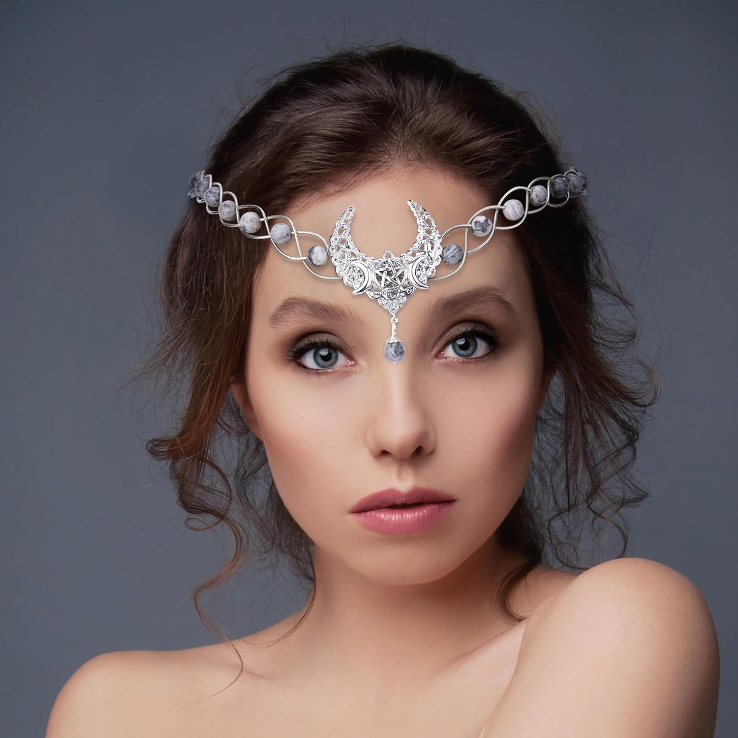 CoTeeZa Circlet Headpiece Viking Celtic Silver Fairy Crown Handmade Medieval Moon Headband Tiara Crystal Braided Cosplay Wreath Costume Hair