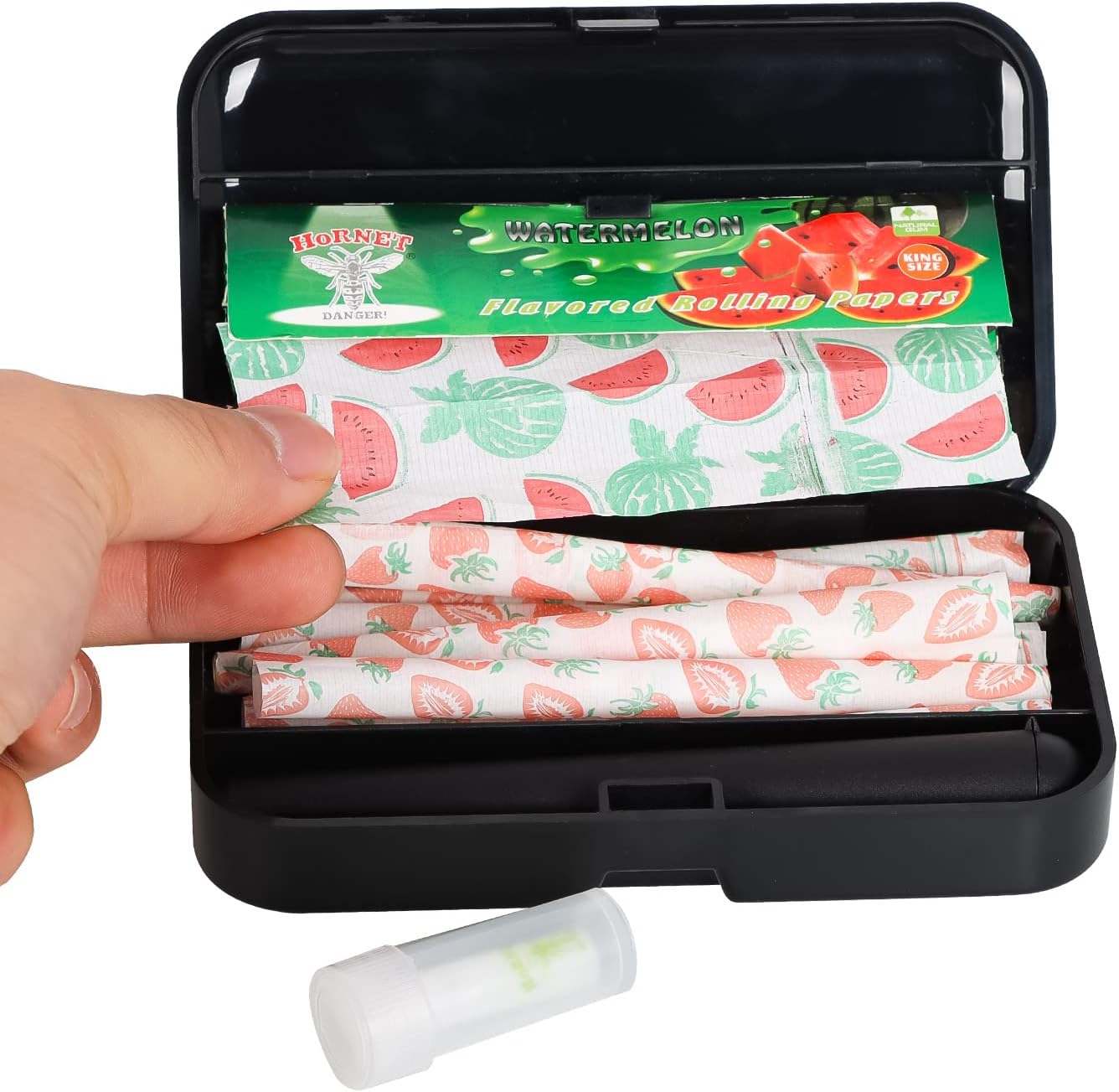 HORNET Paquete de 10 papeles de liar saborizados, conos preenrollados con sabor a fresa, caja de plástico con tubo de cigarrillo a prueba de olores