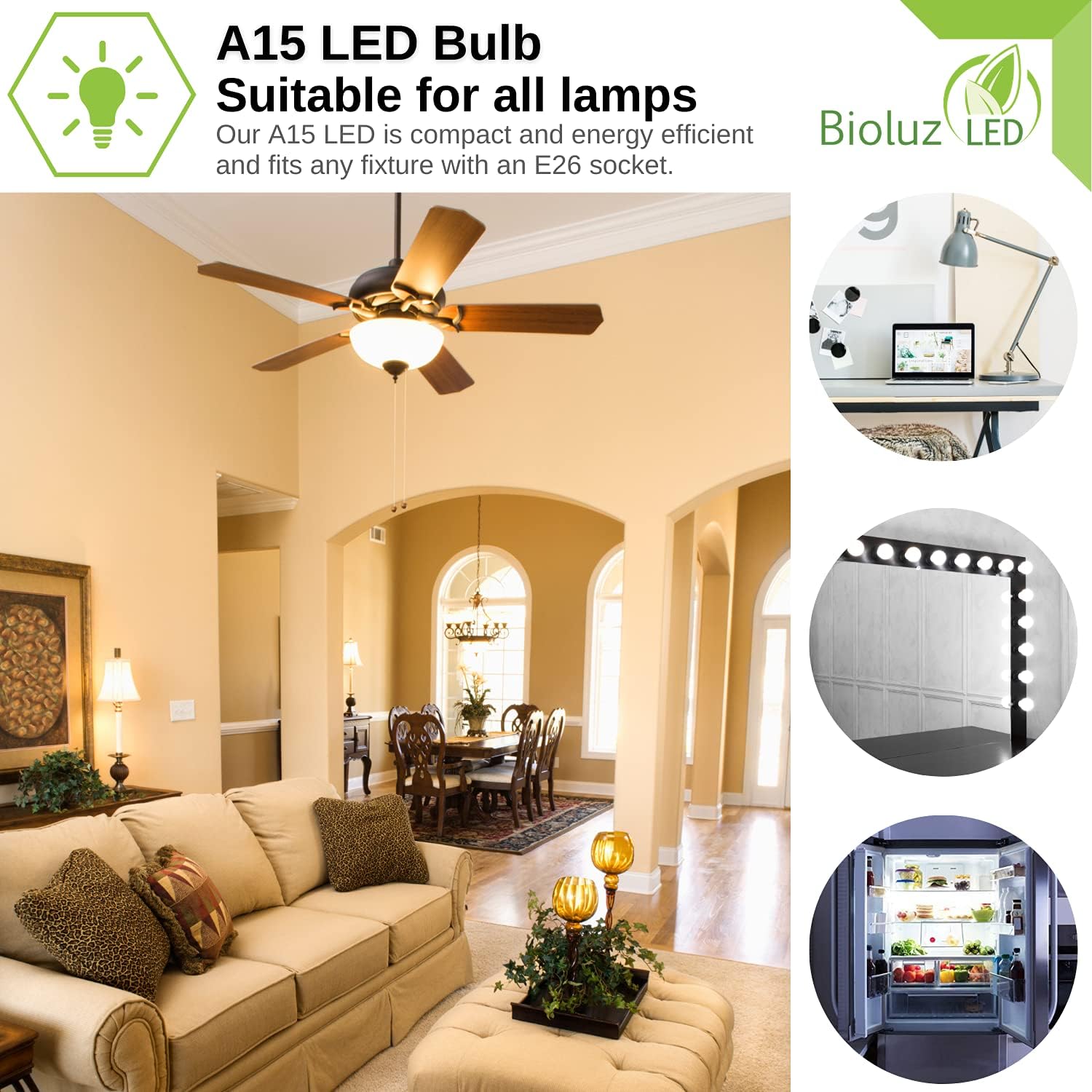 Bioluz LED Bombillas A15 de luz blanca suave 3000 K regulables A15 60 vatios bombillas LED (8 vatios) paquete de 10