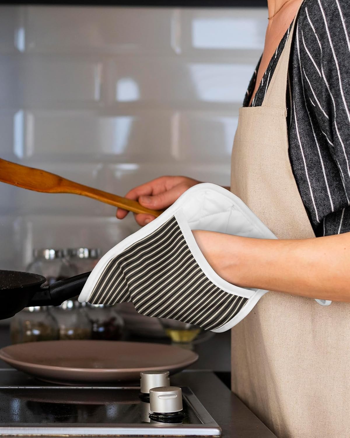 Juego de 2 agarraderas de tela de toalla para cocina, antideslizantes, aislantes y térmicas, con bolsillo, guantes gruesos para horno, posavasos