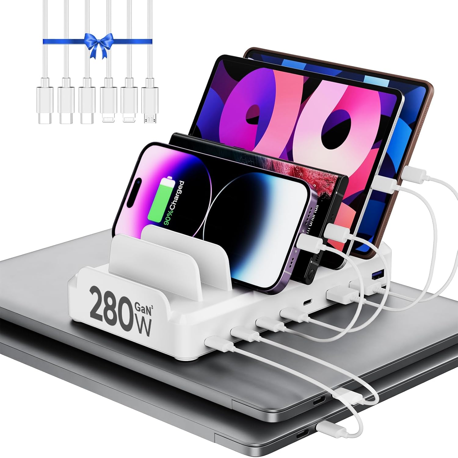 Estación de carga de 280 W para múltiples dispositivos, estación de carga USB C de 8 puertos de carga rápida para MacBook iPhone 15 Teléfono iPad