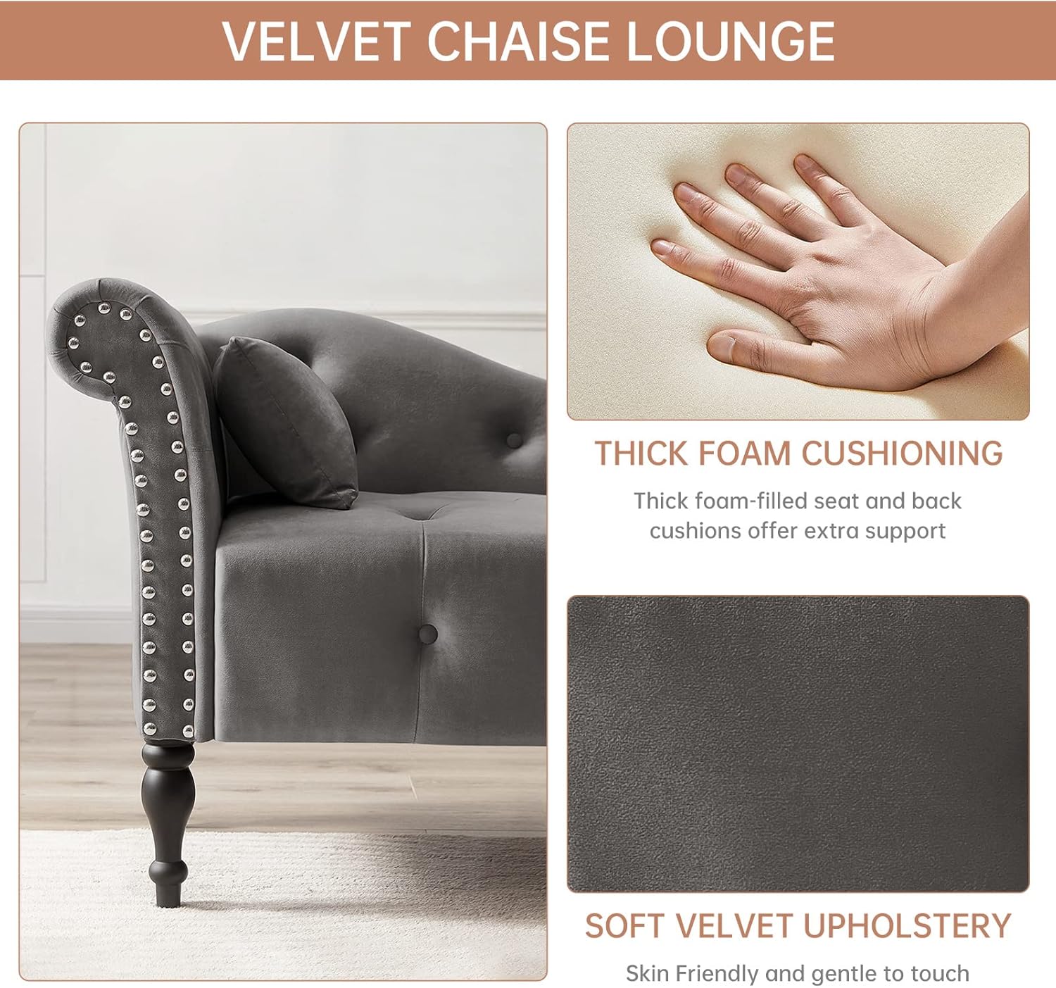Chaise Lounge – Silla de terciopelo para interiores con almohada, con botones copetudos, brazo derecho, con ribete de cabeza de clavos y patas