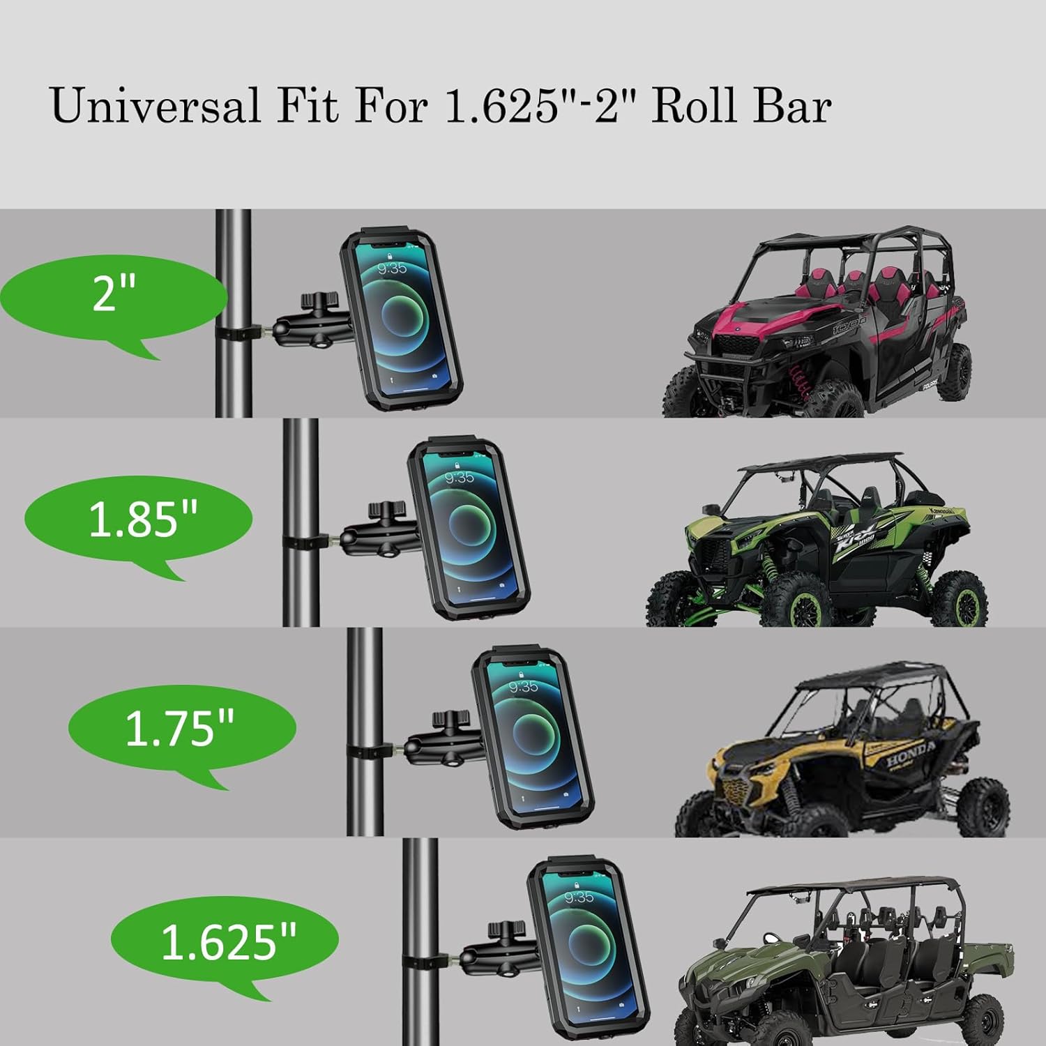 Soporte para teléfono UTV con protector impermeable, soporte para UTV ajustable de 360 grados, compatible con barra antivuelco de 1.62 a 2 pulgadas,