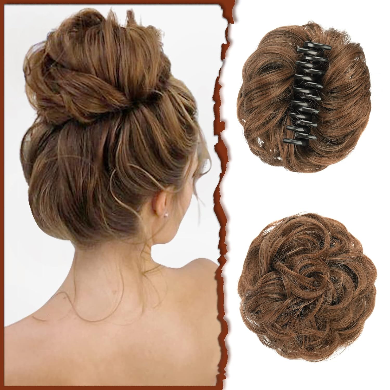 SOFEIYAN Extensiones de cabello ondulado y rizado con clip de garra, extensiones de cabello sintético despeinado para mujer, color marrón claro