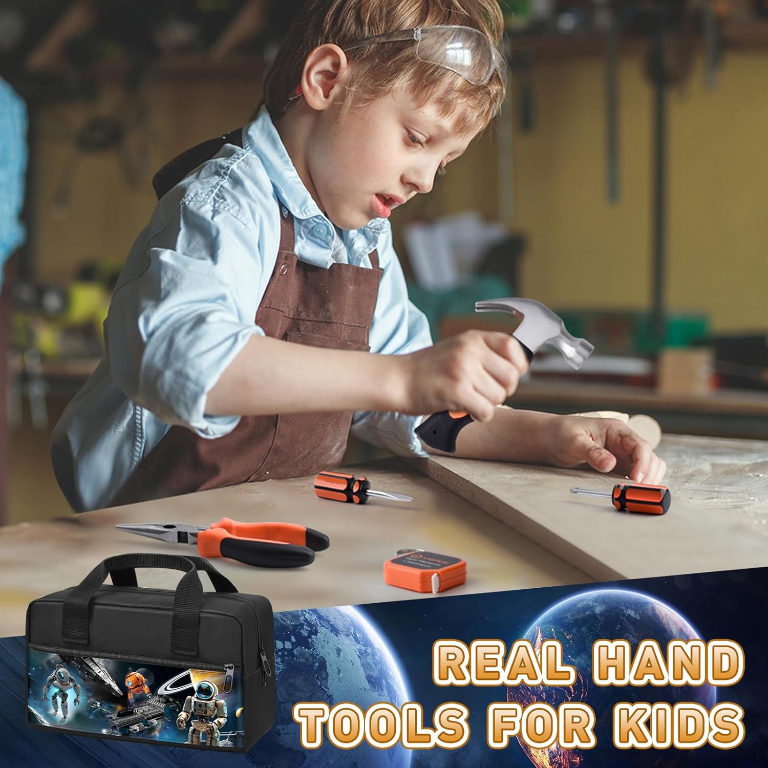 VIGRUE Juego de herramientas para niños, kit de herramientas manuales reales con cinturón y bolsa, accesorios de aprendizaje pequeños para