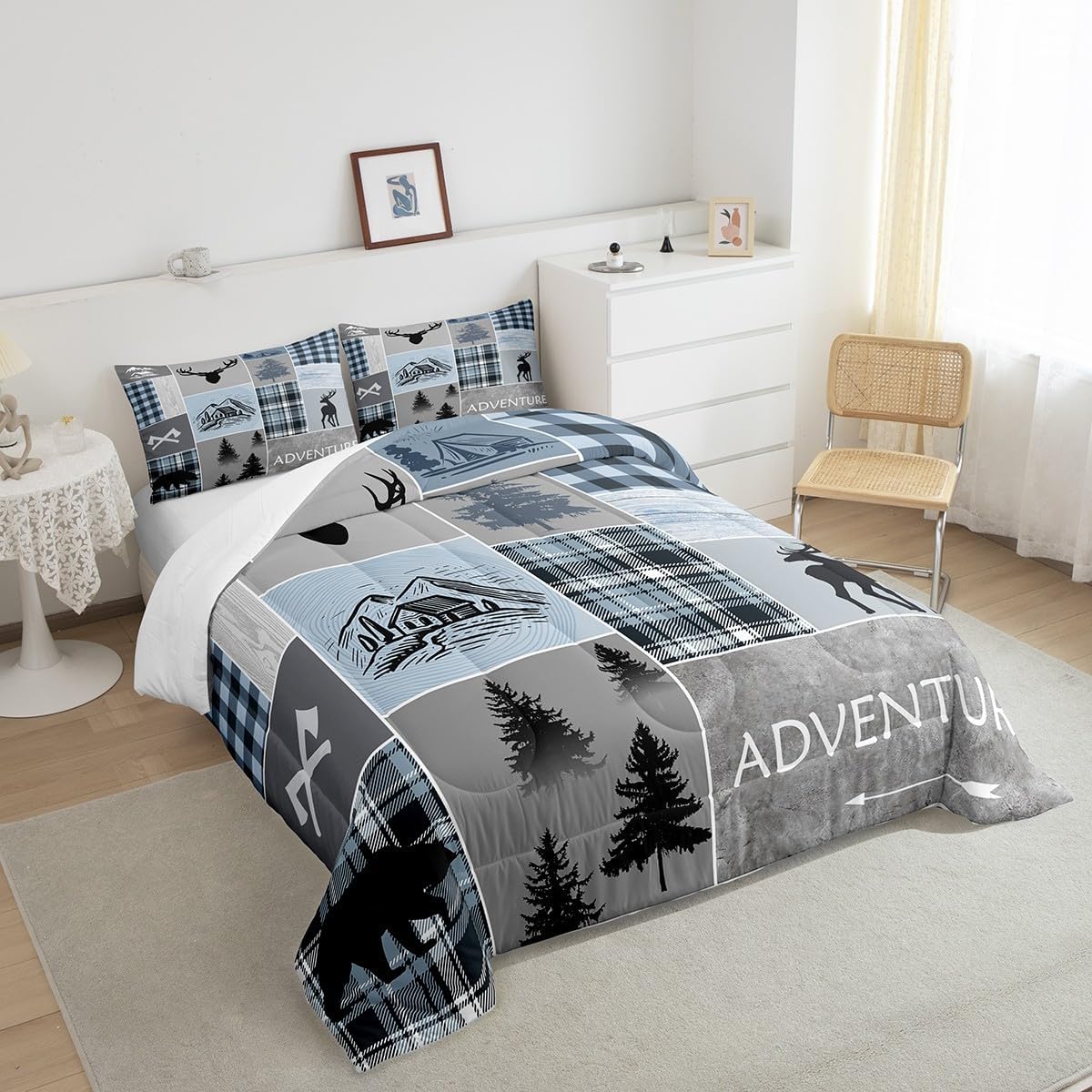 Juego de edredón de cabaña, juego de ropa de cama rústica de oso y ciervo, tamaño matrimonial para niños, adolescentes y adultos, edredón de