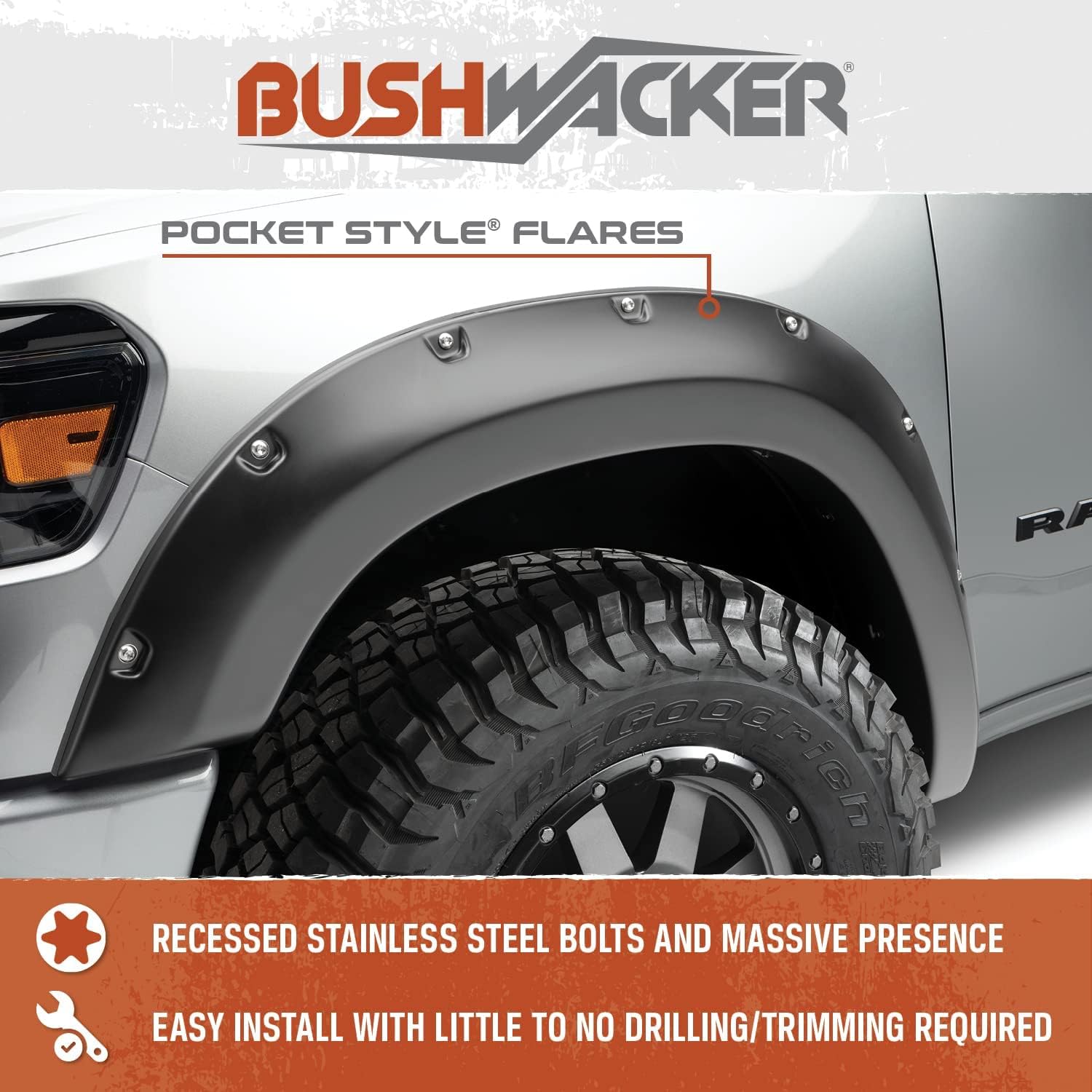 Bushwacker Guardabarros delantero y trasero estilo bolsilloremache  Juego de 4 piezas, negro, acabado liso  50936-02  Compatible con Dodge RAM 1500