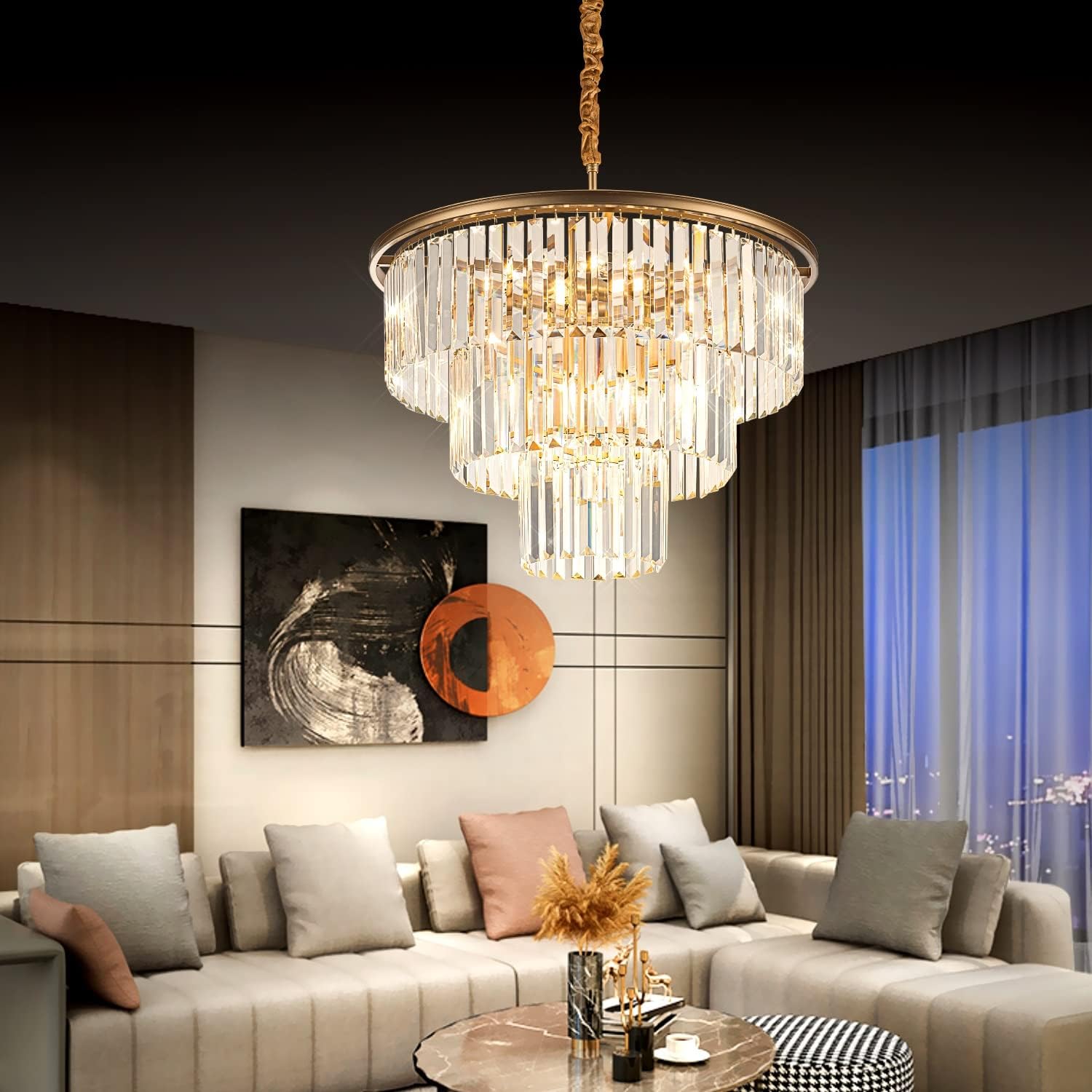 Candelabro colgante de cristal moderno dorado de 23.64 pulgadas, 12 luces, lámpara colgante de 3 niveles, iluminación colgante de cristal para sala