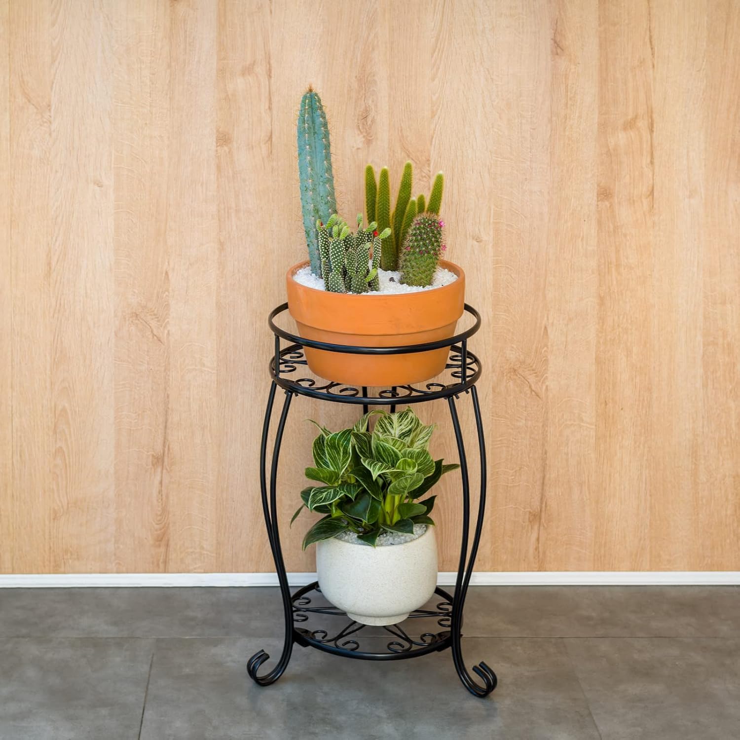FaithLand Paquete de 2 soportes para plantas, soporte para macetas de metal resistente para interiores y exteriores, estante redondo de 2 niveles