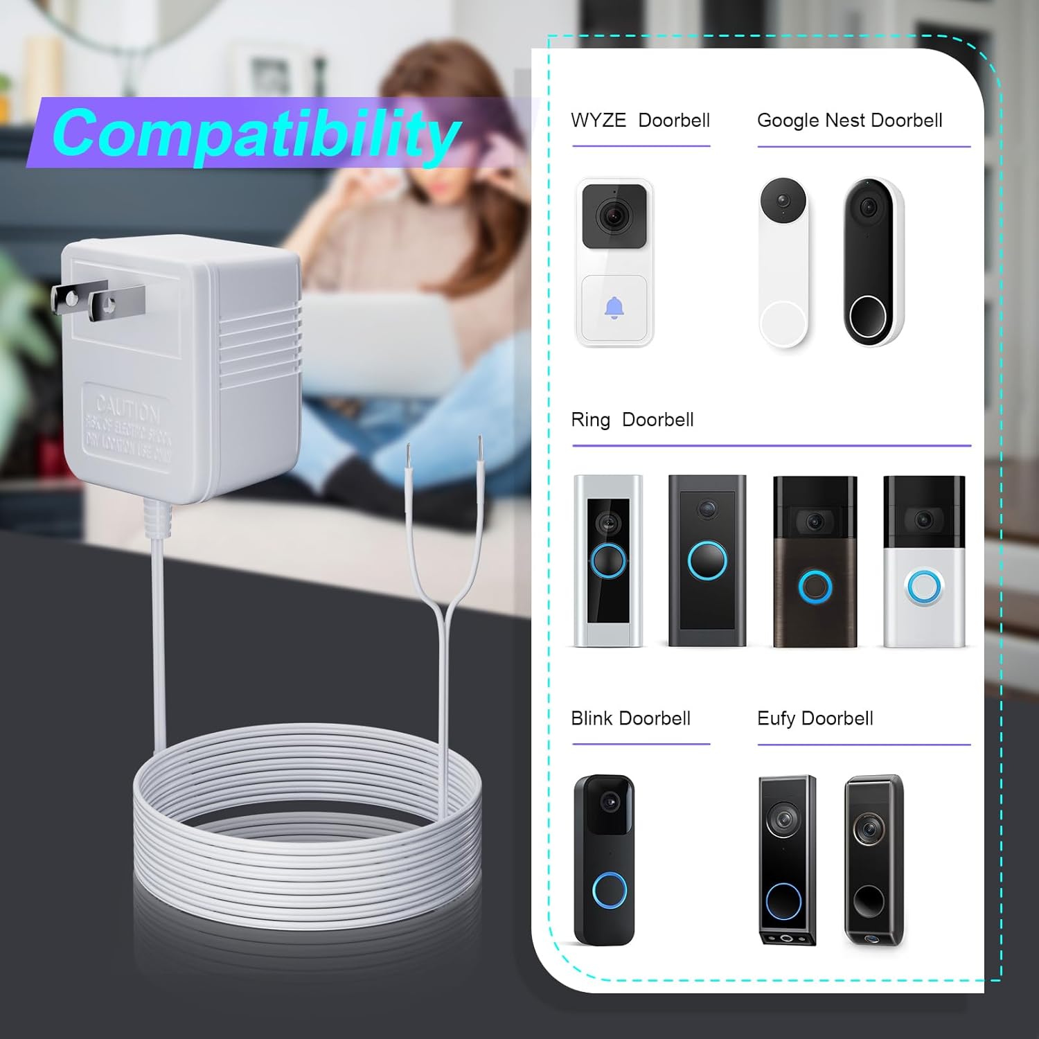 UAUSE Adaptador transformador de timbre de 24 V, termostato adaptador de cable C, fuente de alimentación de 26 pies (315 pulgadas) de largo,