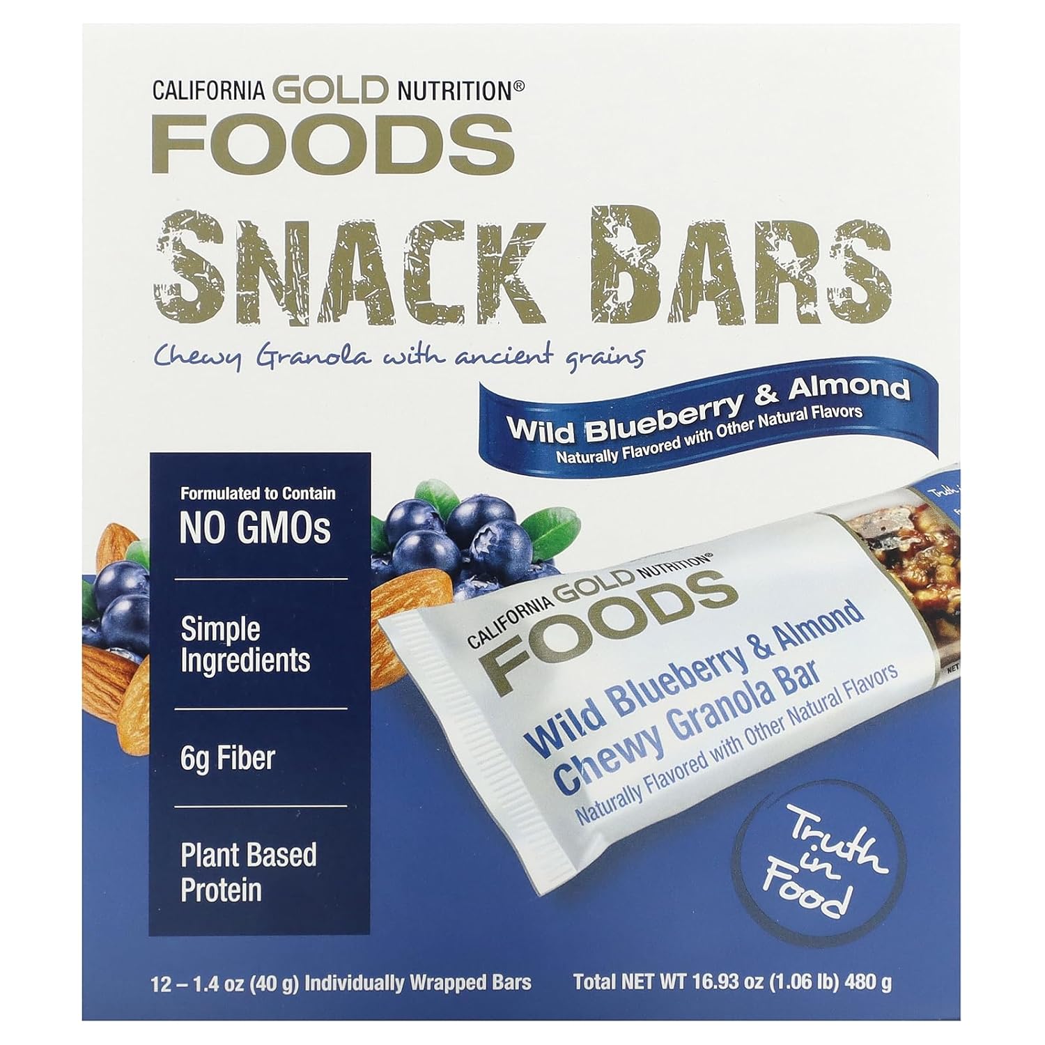 Barras de granola masticables de arándanos salvajes y almendras, 12 barras, 1.4 oz (40 g) cada una, California Gold Nutrition