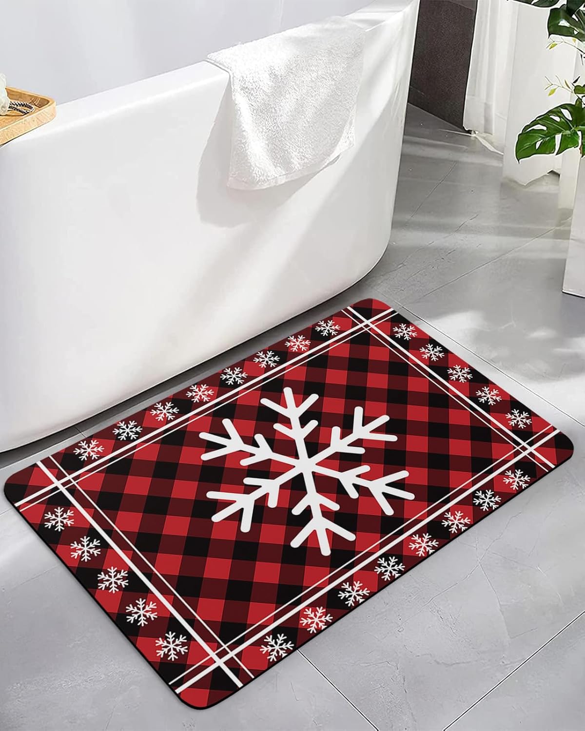 Tapete de baño, diseño de copos de nieve de invierno rojo y negro, a cuadros, de secado rápido, antideslizante, absorbente, delgado, tapete de ducha