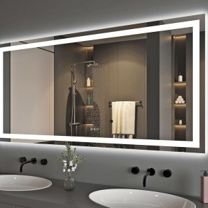 Espejo de baño LED de 72 x 36 pulgadas con luz frontal + retroiluminada, espejo de baño de vidrio templado con luces, antivaho, 3 colores con Espejo de baño LED de 72 x 36 pulgadas con luz frontal + retroiluminada, espejo de baño de vidrio templado con luces, antivaho, 3 colores con