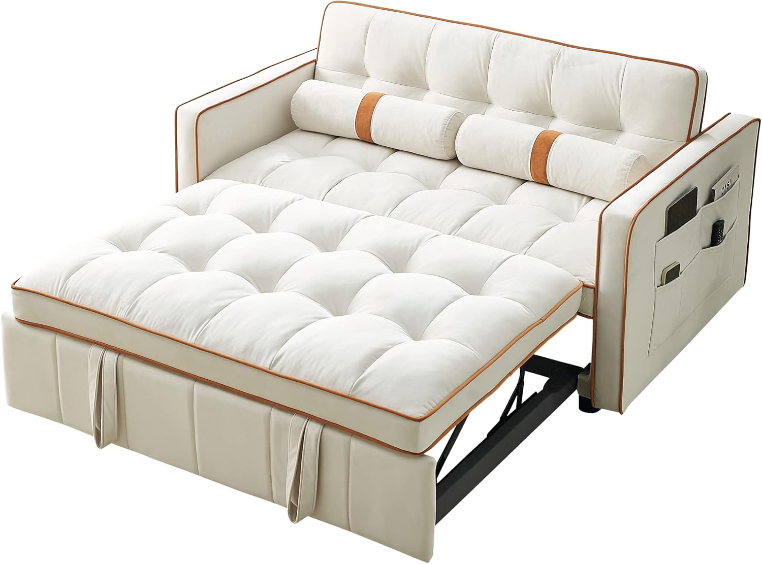 Sofá cama extraíble, color beige de 38.5 pulgadas de ancho + bolsillos laterales y almohadas lumbares