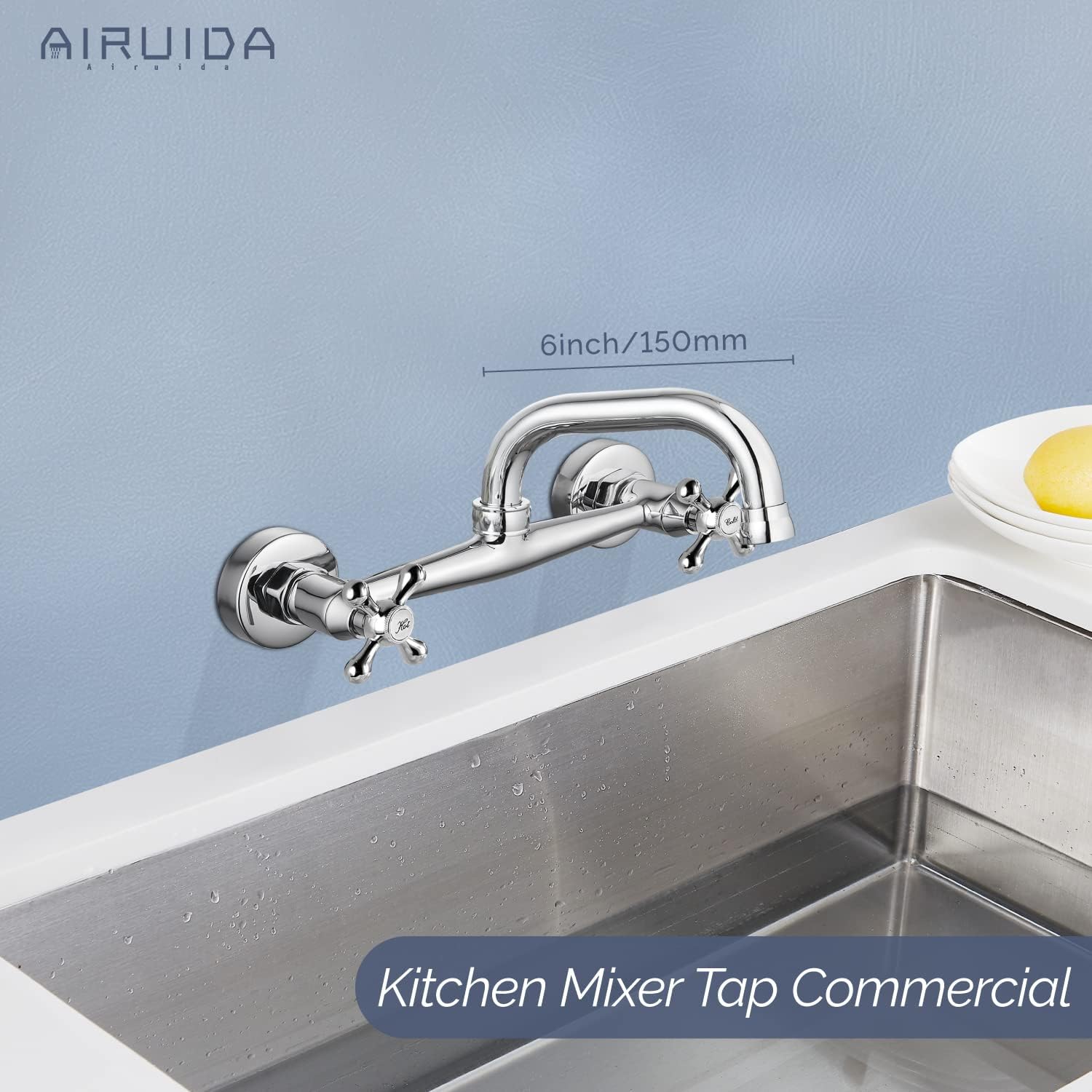 Airuida Grifo de fregadero de cocina de montaje en pared cromado de 8 pulgadas, centro de doble mango, montaje en pared, grifo de fregadero de