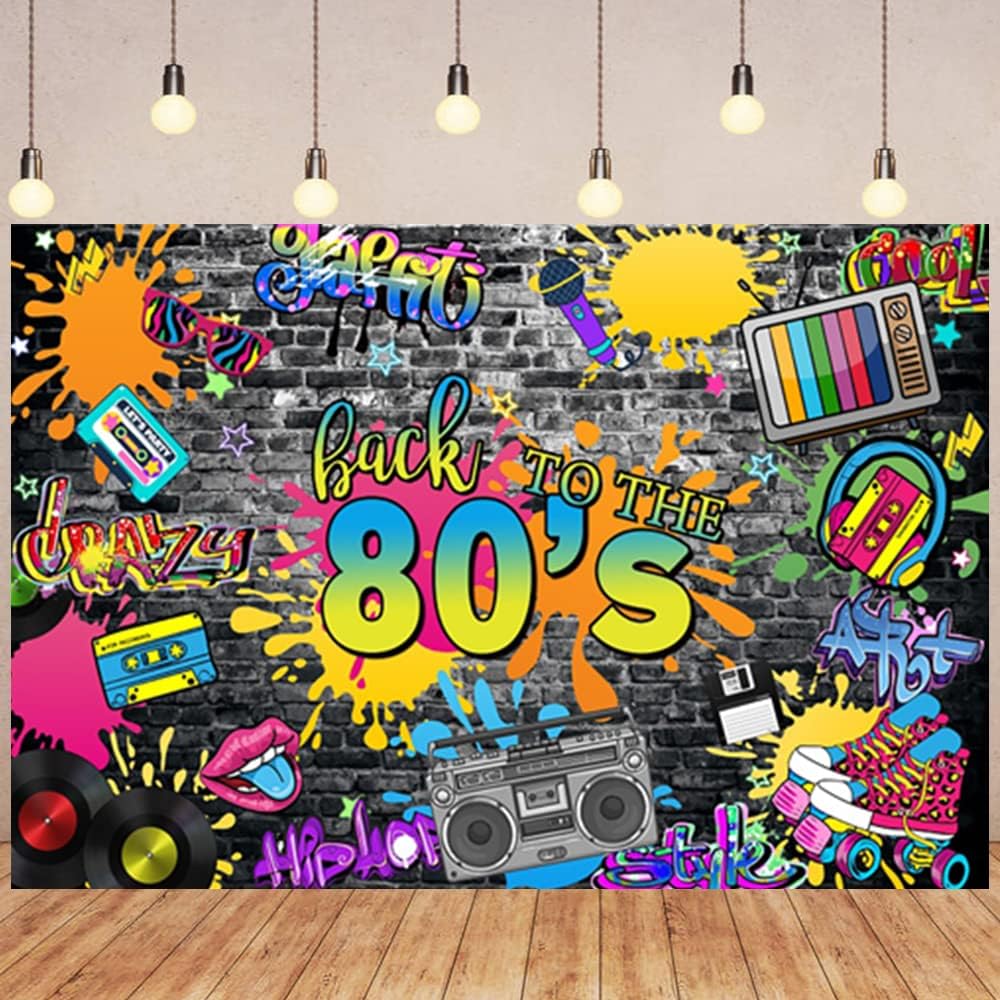 AWERT Fondo de fiesta temática de los años 80 de 10 x 6.5 pies, retro, hip hop, graffiti, pared, radio, TV, disco, fotografía, fondo de regreso a