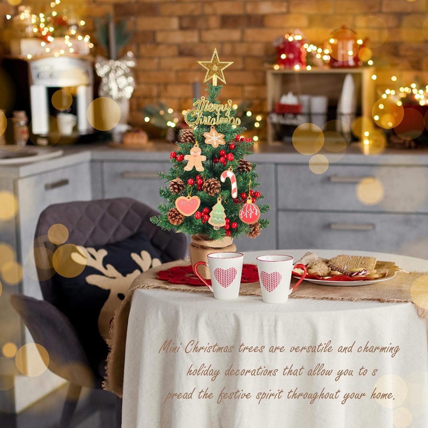 Mini árbol de Navidad artificial con luces, árboles de Navidad de mesa de 22 pulgadas, 65 puntas de rama, pequeños árboles de Navidad con adornos