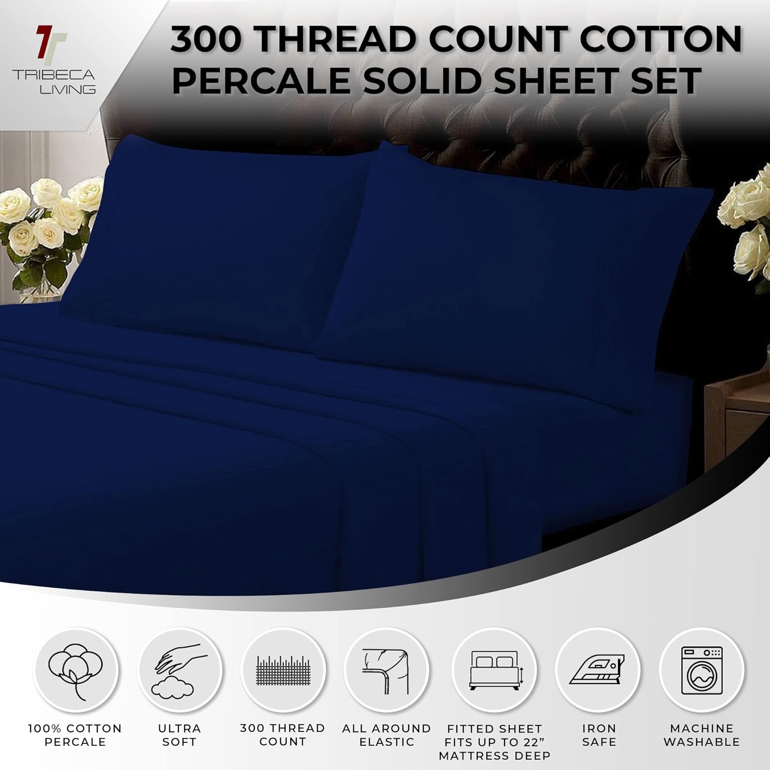 Tribeca Living Juego de sábanas de tamaño matrimonial, juego de sábanas y fundas de almohada de percal de algodón fresco y suave, bolsillo extra