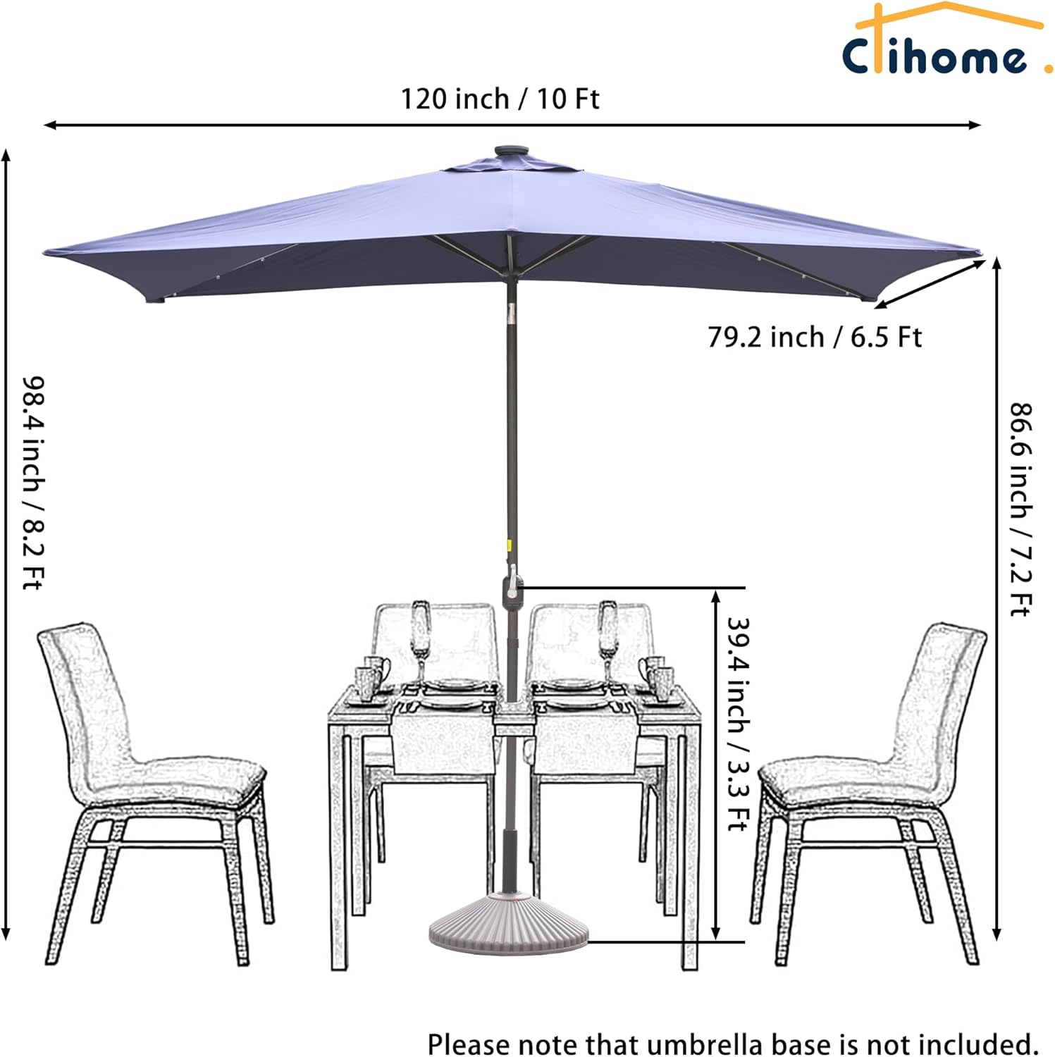 Sombrilla rectangular de 10 x 6 pies 5 pies con luz LED, sombrilla para exteriores, sombrilla de mesa de mercado con botón de inclinación y manivela