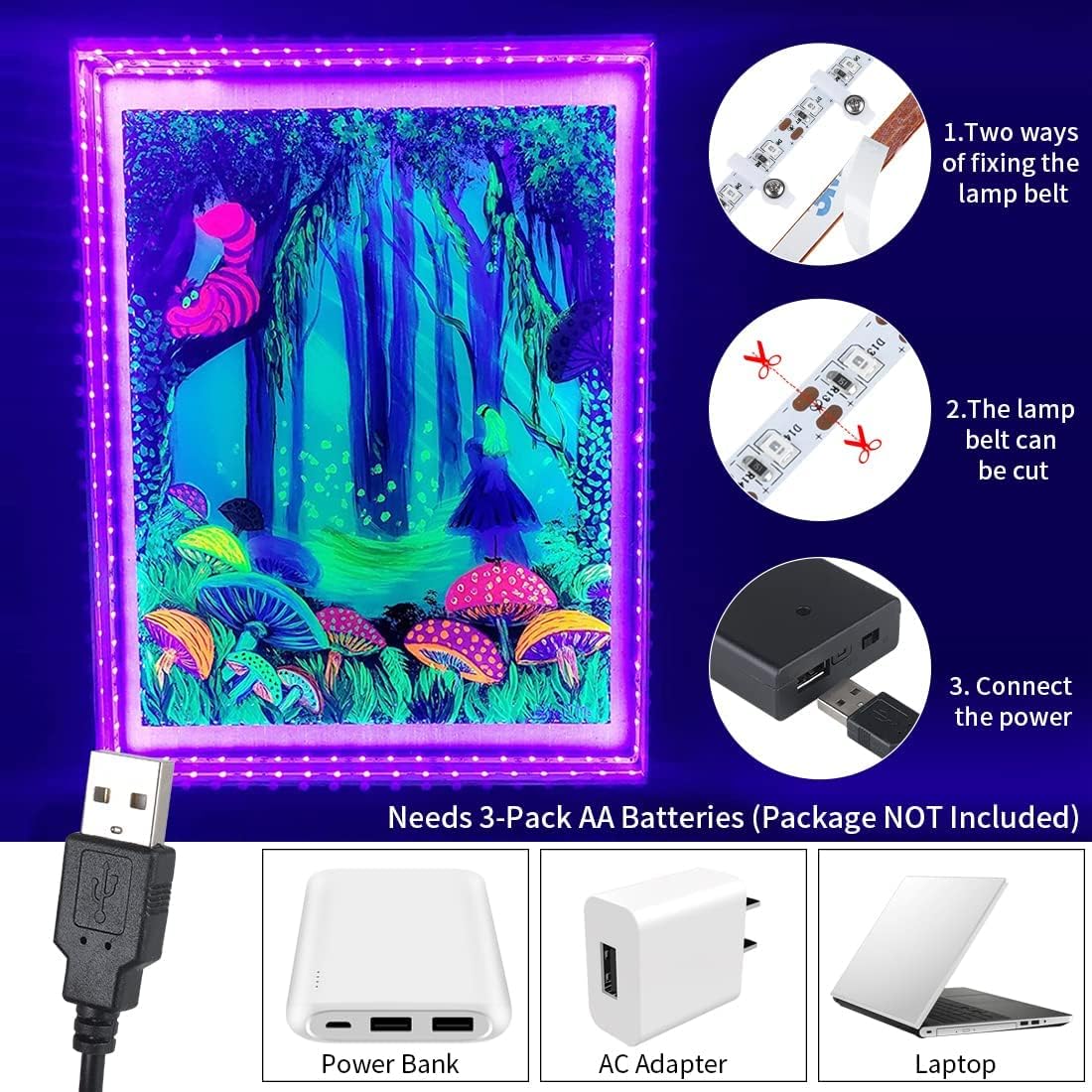 Tira de luz negra de 16.4 pies con enchufe USB + caja de batería, accesorio de luz negra adhesiva de 300 LED, funciona con batería y USB para fiesta