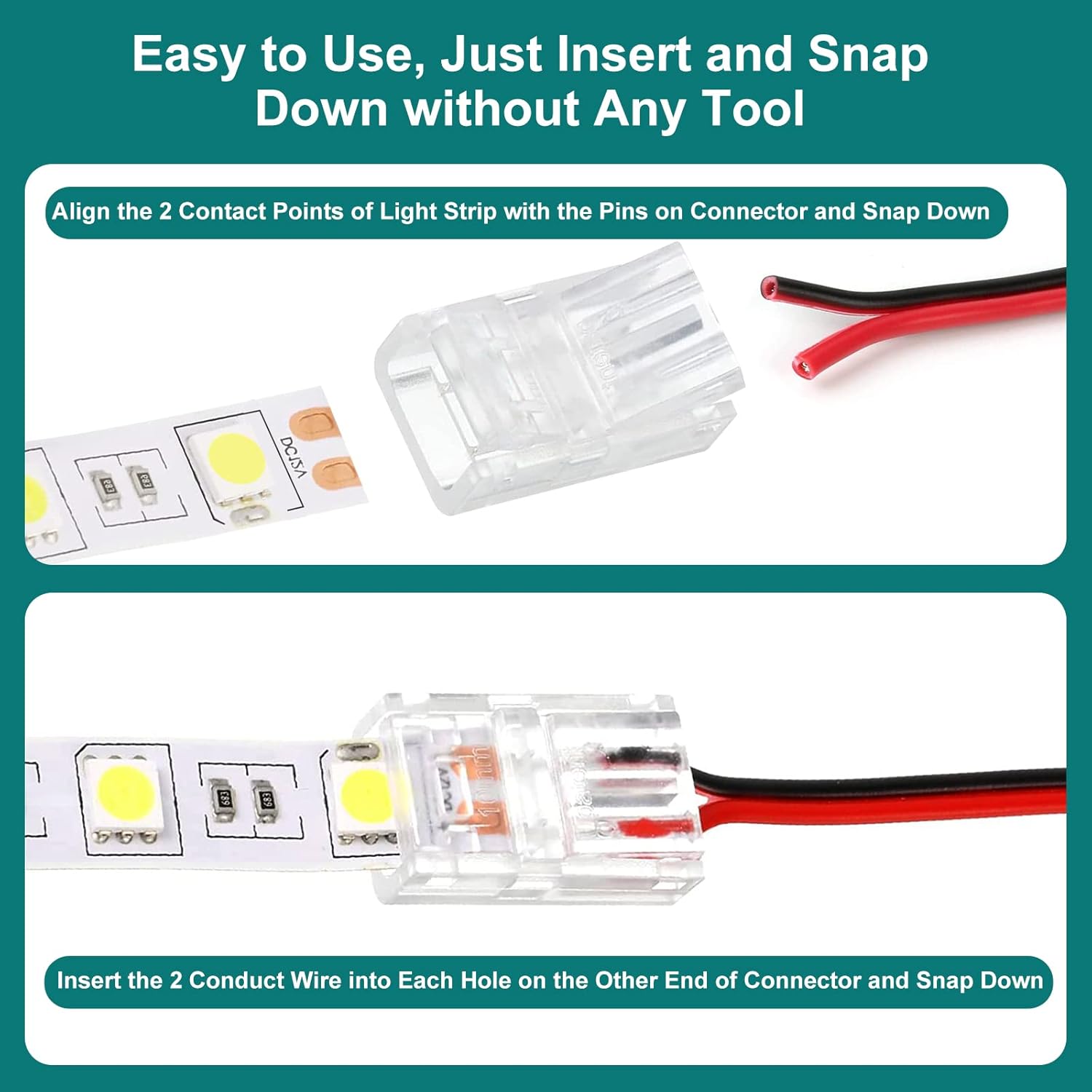 Tira de luces LED Conectores de 2 PIN, 65.6 pies, 2 conductores, cable LED, 2 PIN, conector LED sin soldadura, 2 PIN, conector de tira LED de 0.315
