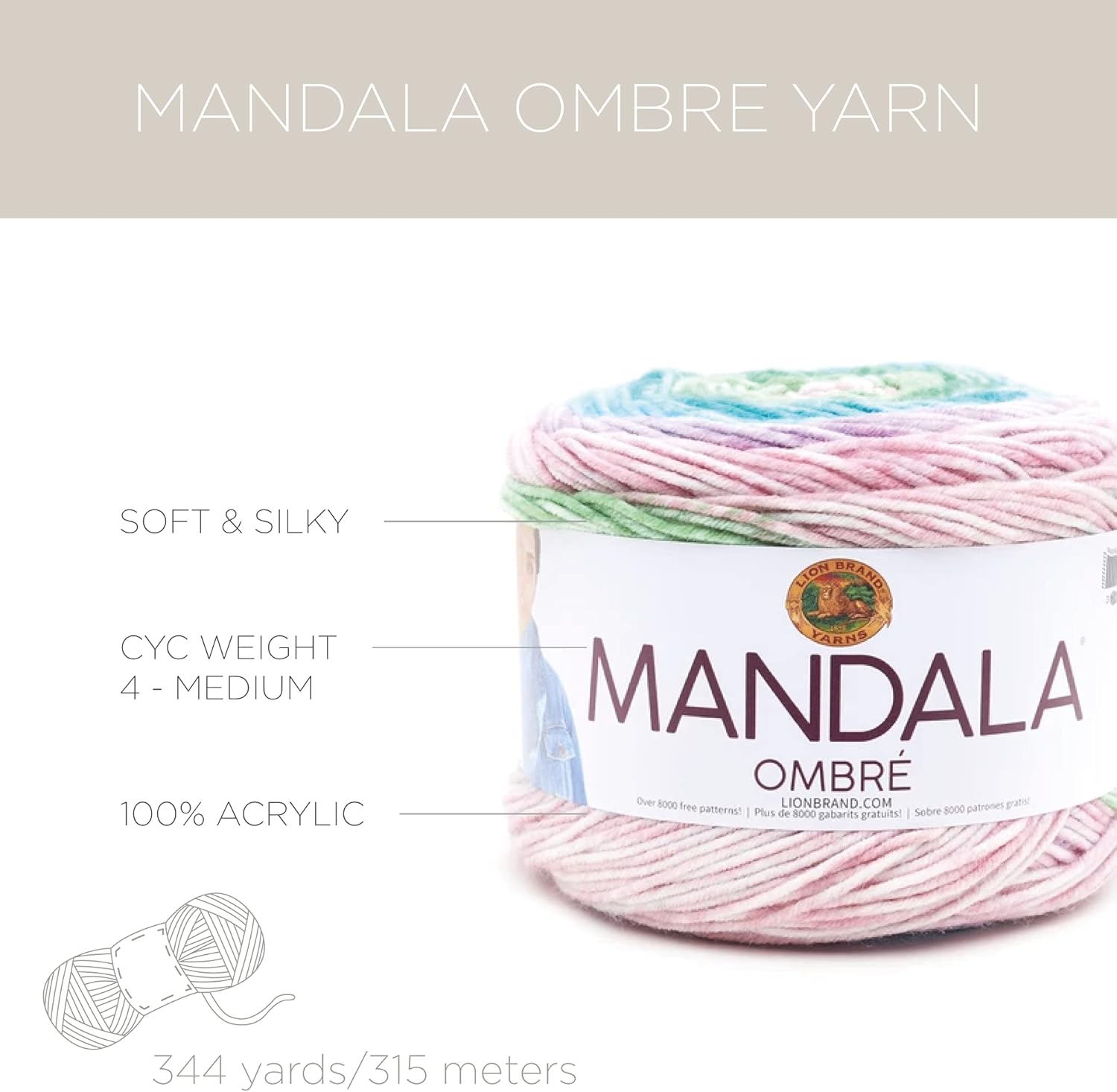 Lion Brand Yarn Mandala Ombré – Ovillo de hilo suave para tejer y tejer, puro, paquete de 3 unidades