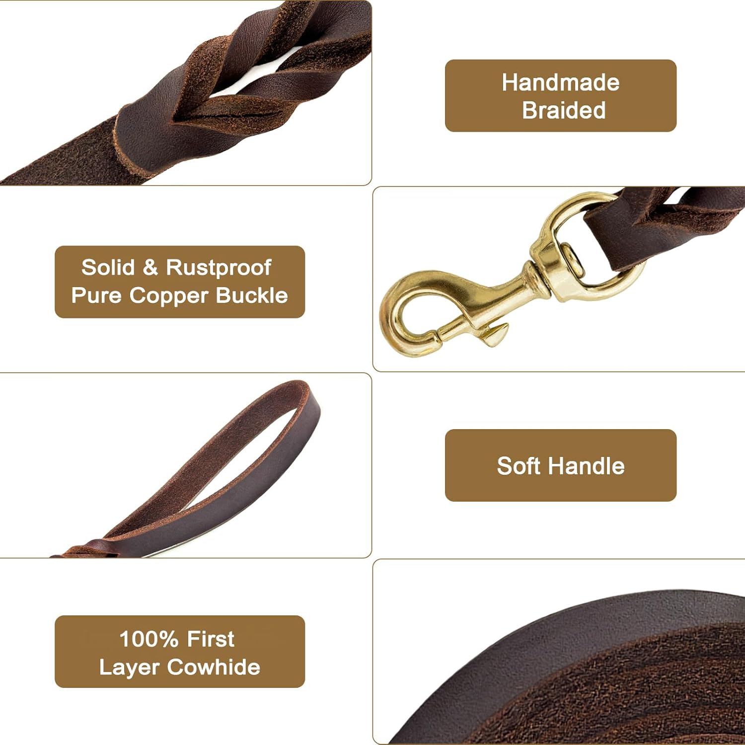 Guiding Star Correa de cuero marrón para perro de 5 pies, suave, duradera, hecha a mano, trenzada de cuero genuino, resistente, resistente,