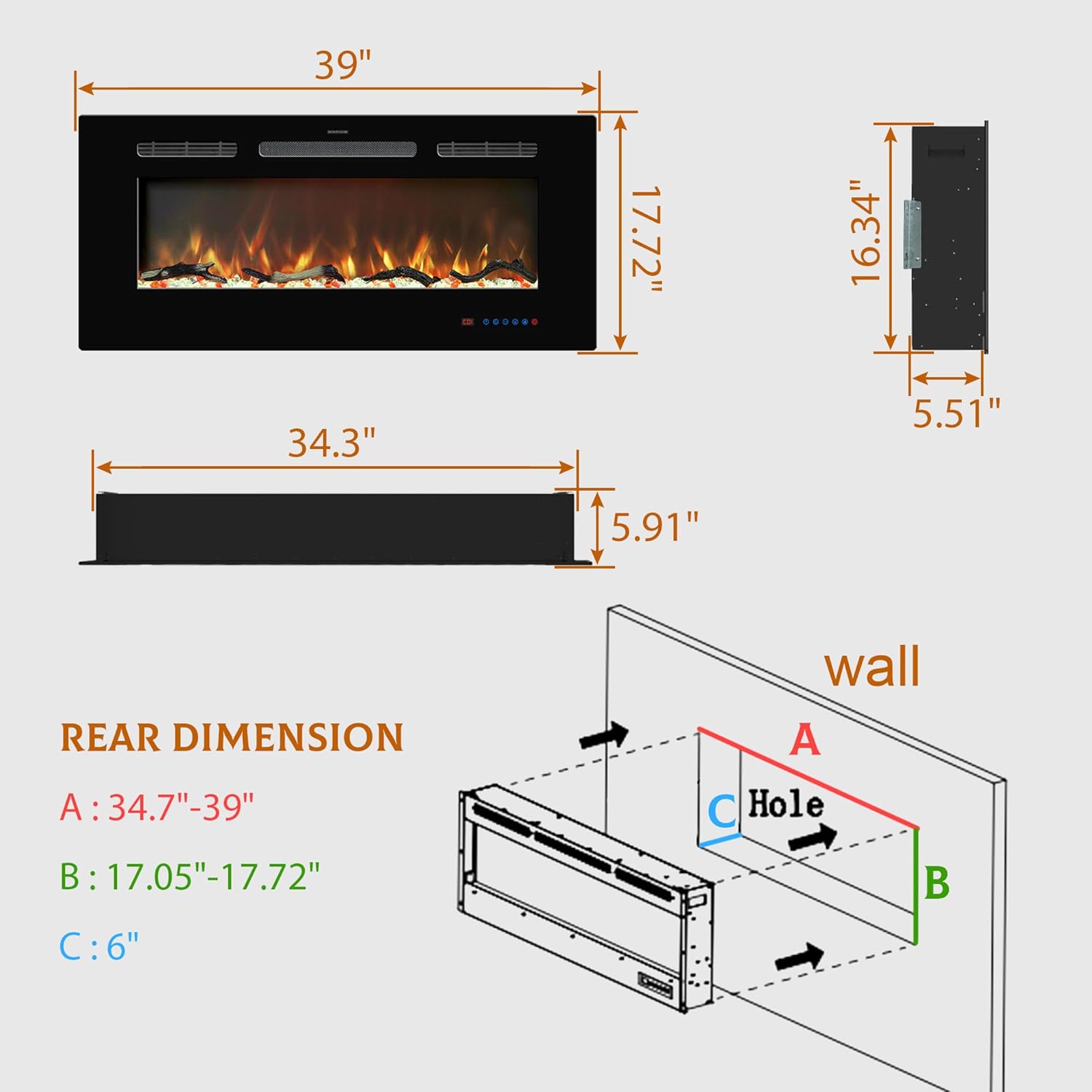 Insertos de chimenea eléctrica de 39 pulgadas, calentador de chimenea empotrado y montado en la pared, chimenea lineal con termostato, control