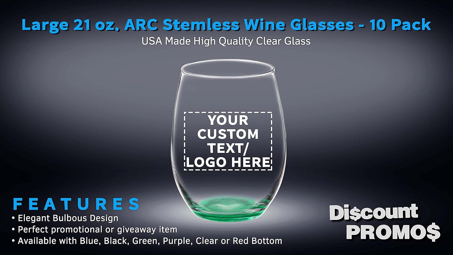 DISCOUNT PROMOS Juego de 10 copas de vino ARC sin tallo, 21 onzas, texto personalizable, logotipo, Chardonnay, Cabernet, Merlot, Sauvignon, verde
