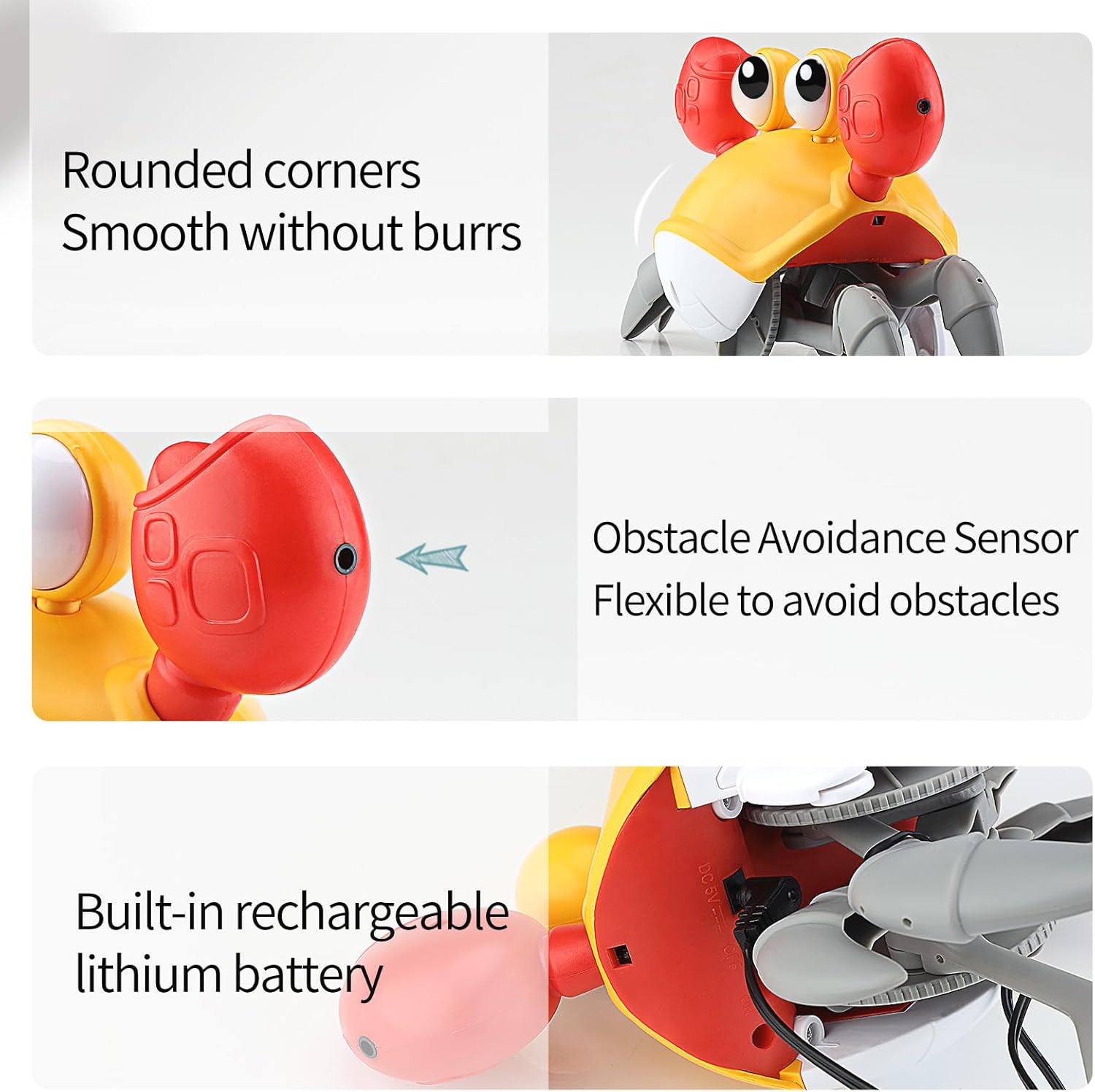 Deejoy Juguetes de cangrejo amarillo con luz, juguete musical interactivo con evitar obstáculos automáticamente, recargable por USB, divertido