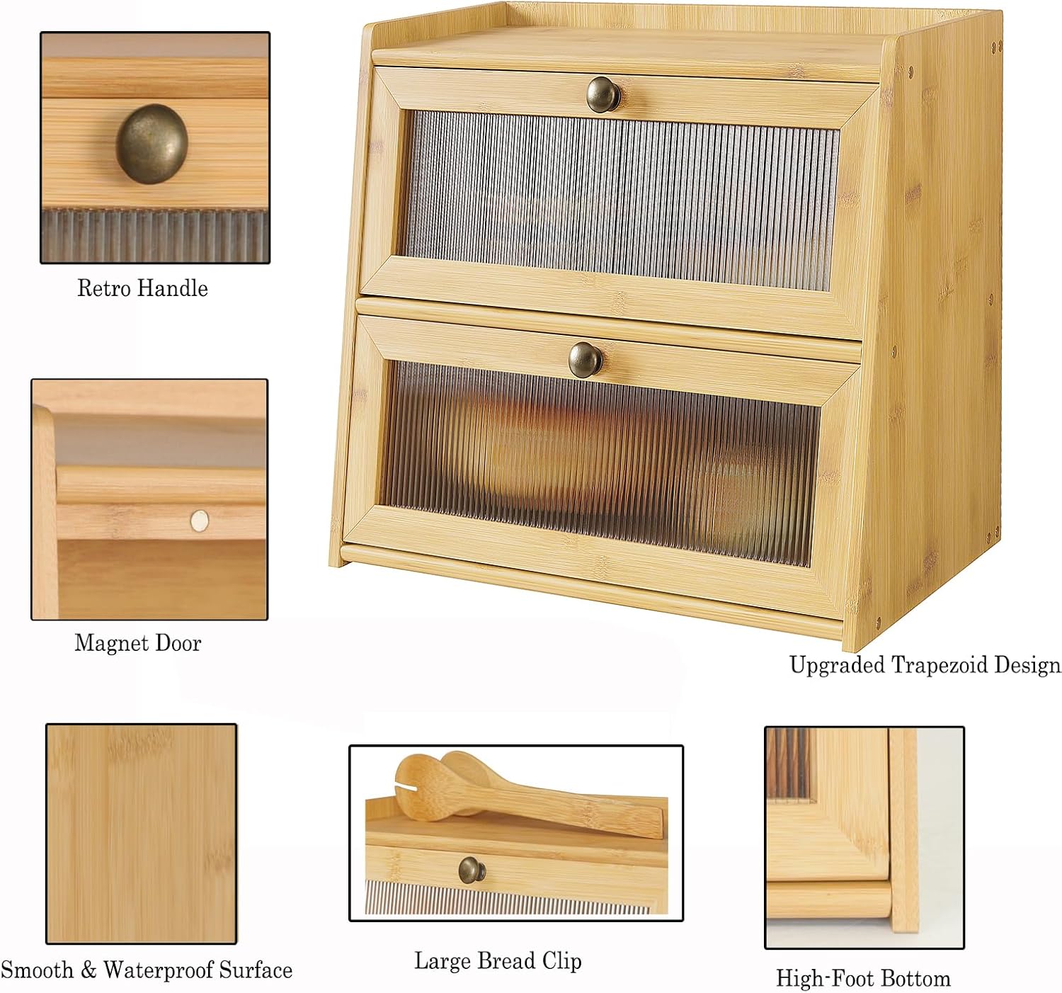 K KELBEL Panera para encimera de cocina, contenedor de almacenamiento de pan de bambú de doble capa de madera de gran capacidad con soporte para pan
