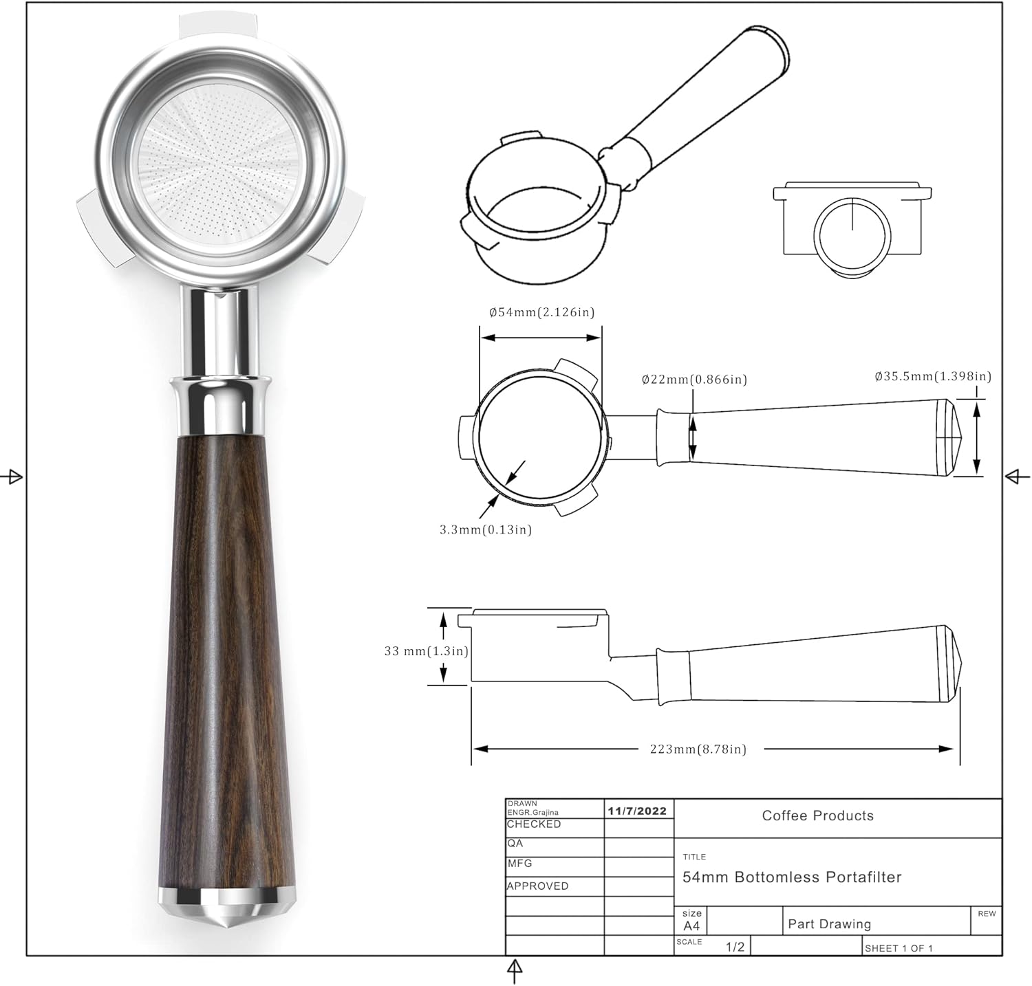 Portafiltro sin fondo de 2.126in, portafiltro de 2.126in, madera maciza más oscura, filtro de cesta de acero 304 para Breville Barista Express,
